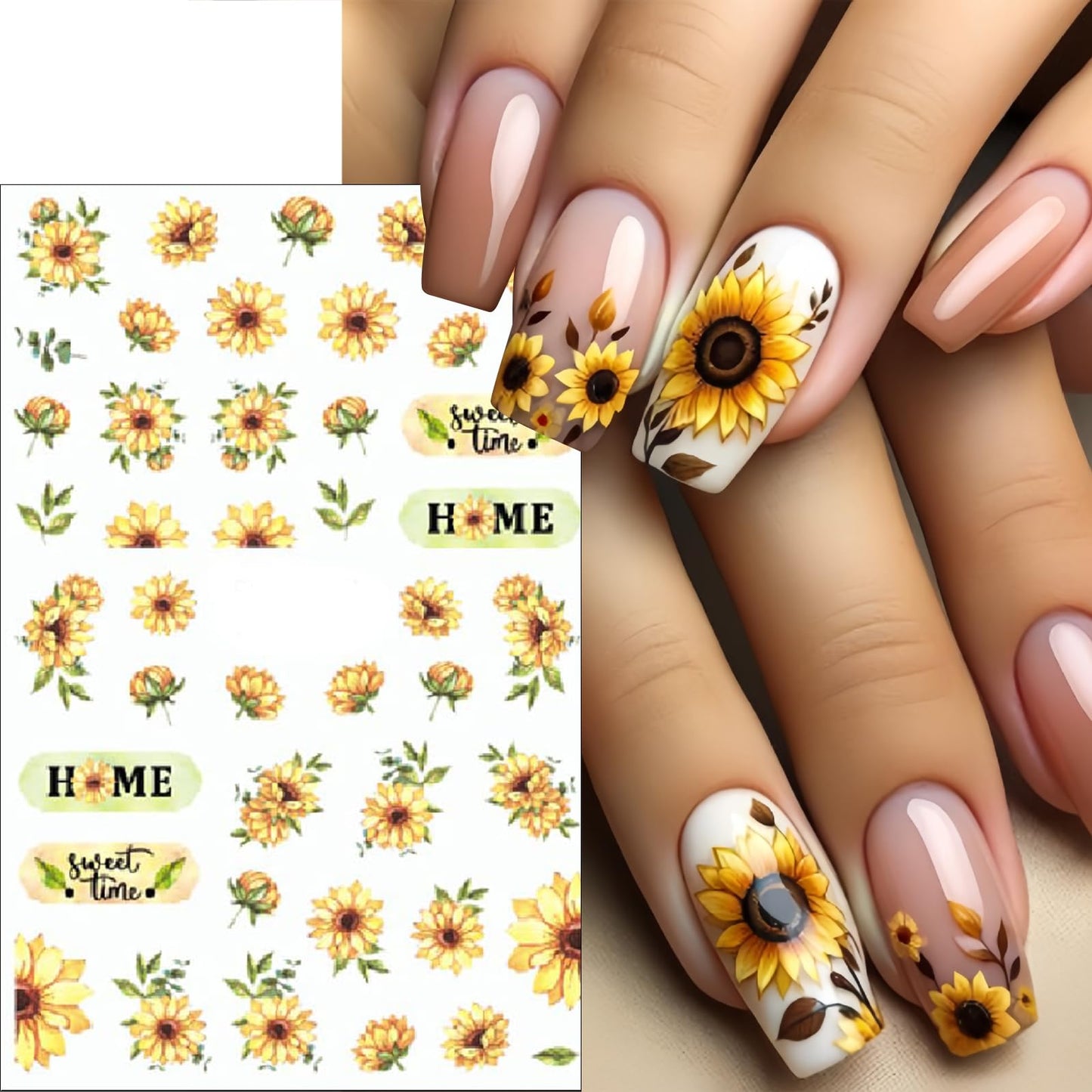 8Sheet Spring Summer Sunflower Nail Art Stickers Yellow Floral Nail Stickers 3D Self-Adhesive Letter Nail Decal, Yellow Flower Butterfly Bee Nail Designs for Women Manicure Decoration Nail Supplies