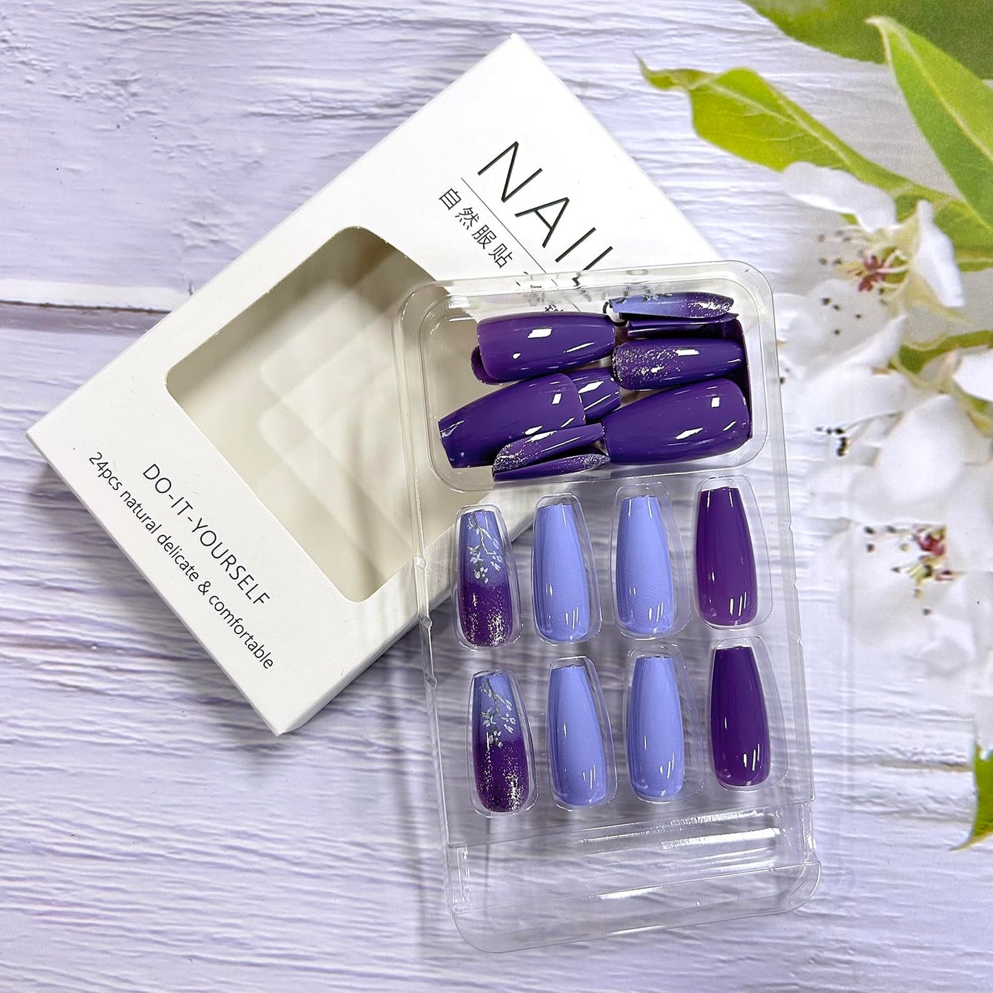 Purple Gradient Press on Nails Medium Length Flower False Nails Purple Glitter Powder Design Glossy Acrylic Nails Ballet Shaped Stick on Nails Full Cover Glue on Nails Artificial Nails for Women 24Pcs