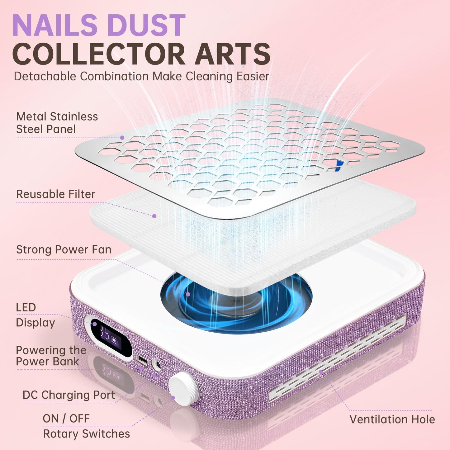 CHRISTINE SHELLY Nail Dust Collector, Rechargeable Dust Collector Nail Tech, Powerful Vacuum Fan Vent Dust Collector Extractor Dust Suction Machine for Acrylic Nails Polishing, Nail Salon&Home,Purple