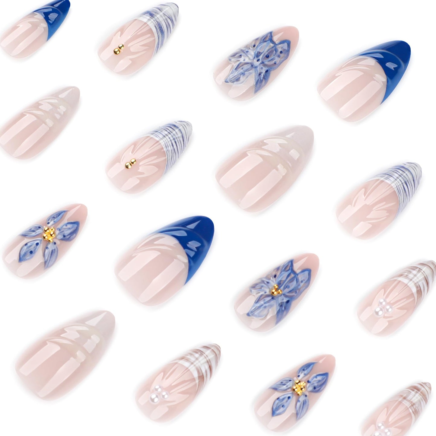 Short Press On Nails Almond, 24PCS Blue and White Floral Acrylic Fake Nails with Glue Kit, Glossy Plaid and 3D Flower Stick On Nails for Women, Reusable False Nails for Party, Wedding, Daily Wear
