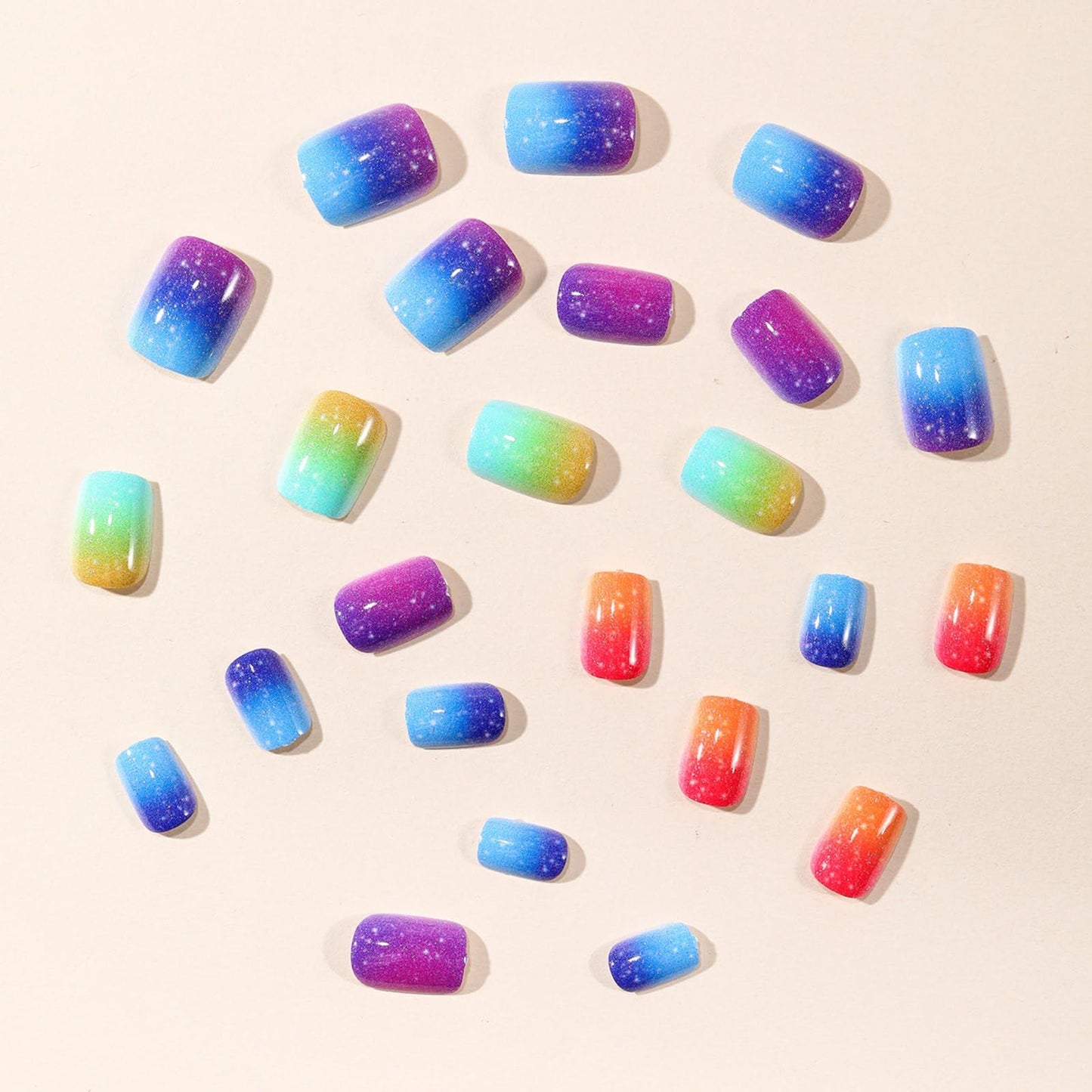 Rainbow Press on Nails Short Square Fake Nails Gradient False Nails with Designs Spring Summer Acrylic Nails Full Cover Glossy Stick on Nail Artificial Glue on Nails for Women Holiday Manicure 24Pcs