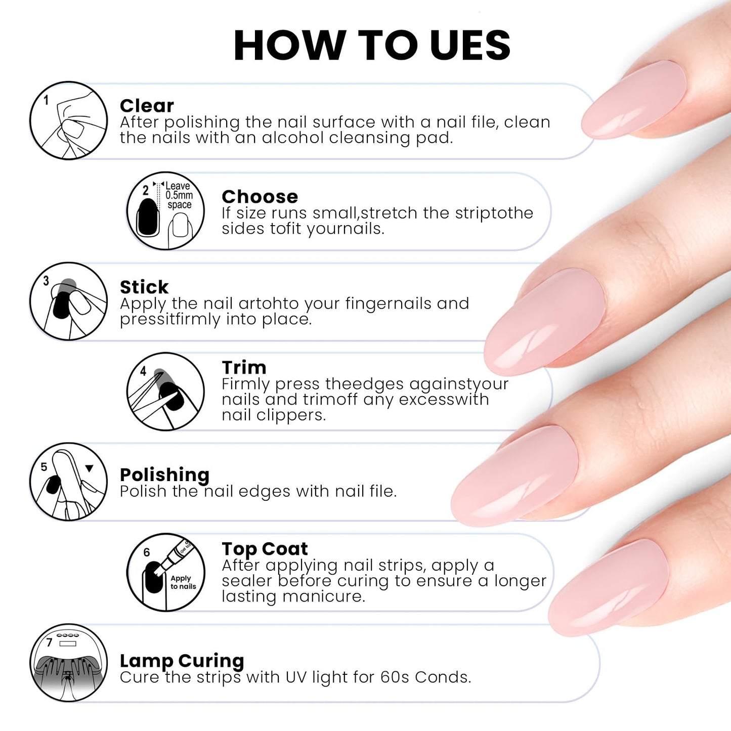 Oauee Semi Cured Gel Nail Strips | Built-In Gel Top Coat | UV Light Required | Salon Quality, Easy Application And Removal (Nude With Gold Trim)