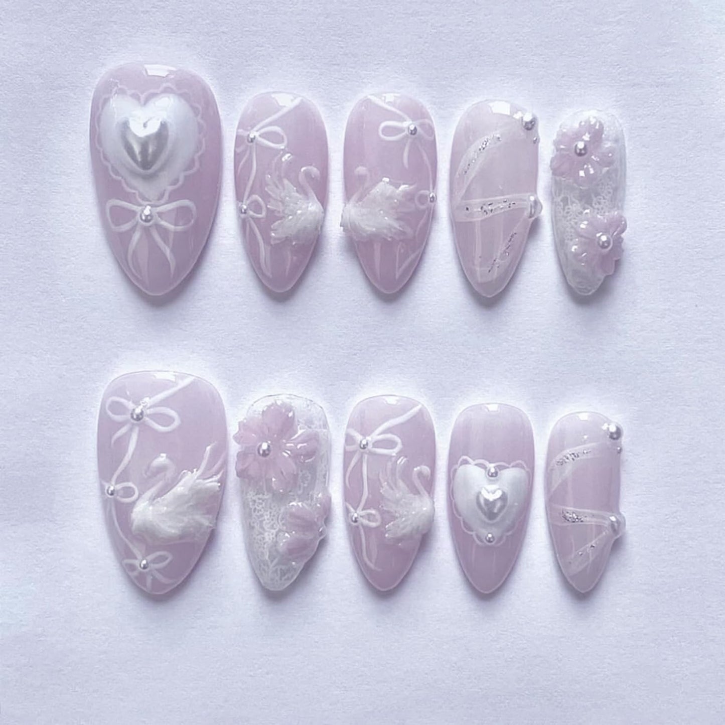 3D White Swan Press on Nails Short Almond Fake Nails Cute Flowers False Nails with Peals Charms Designs Nails White Bow Heart Acrylic Nails Purple Full Cover Stick on Nails for Women Nails Decor 24Pcs