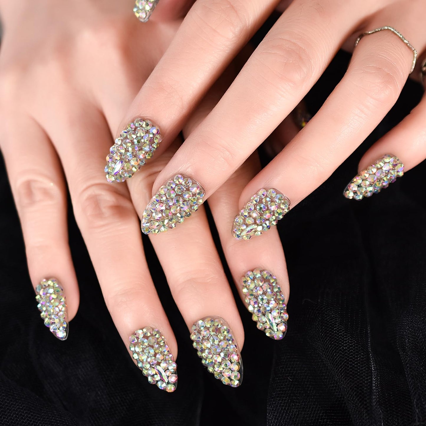Coolnail Shiny 3D Crystal Rhinestones Press on Nails, Medium Stiletto Holo Diamonds Handmade Tips Kit, Jewelry Gems Full Cover Fake Glue Stick on, Luxe for Party Women & Girl