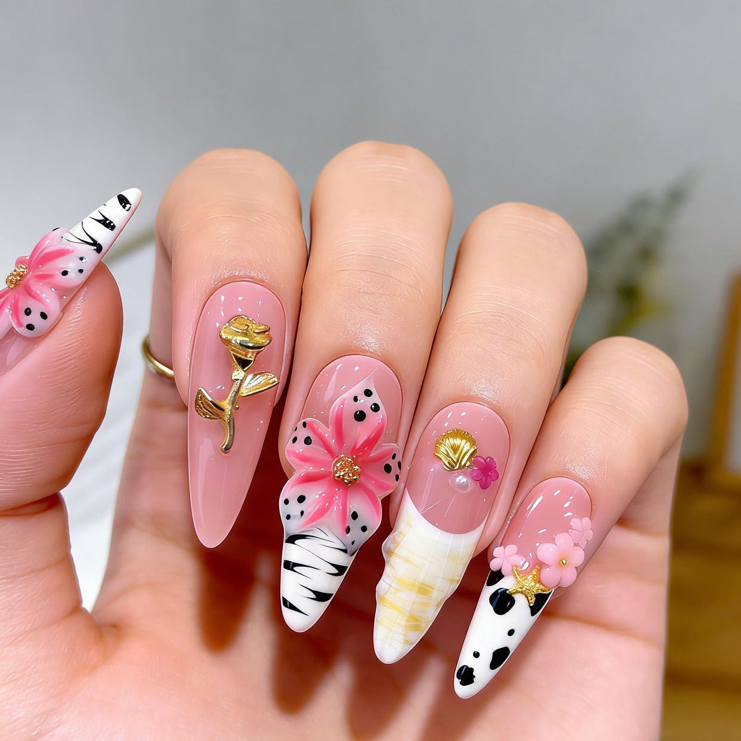 10 Pcs Handmade Press on Nails Long Stilettos Fake Nails with White French Tip Leopard Print Design 3D Flowers False Nails Pink Acrylic Stiletto Press Ons Nails for Women Wedding Nail Art - M Size