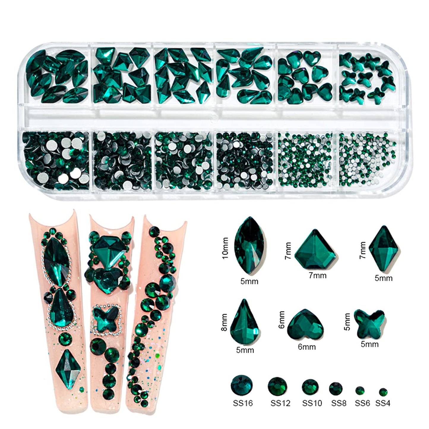 JERCLITY 1620pcs Flat Back Green Nail Rhinestones Red Nail Rhinestones Round Beads Crystals Glass Gems Stones Multi Shapes Sizes with Picking Pen for Crafts Nail Face Art Clothes Shoes Bags DIY