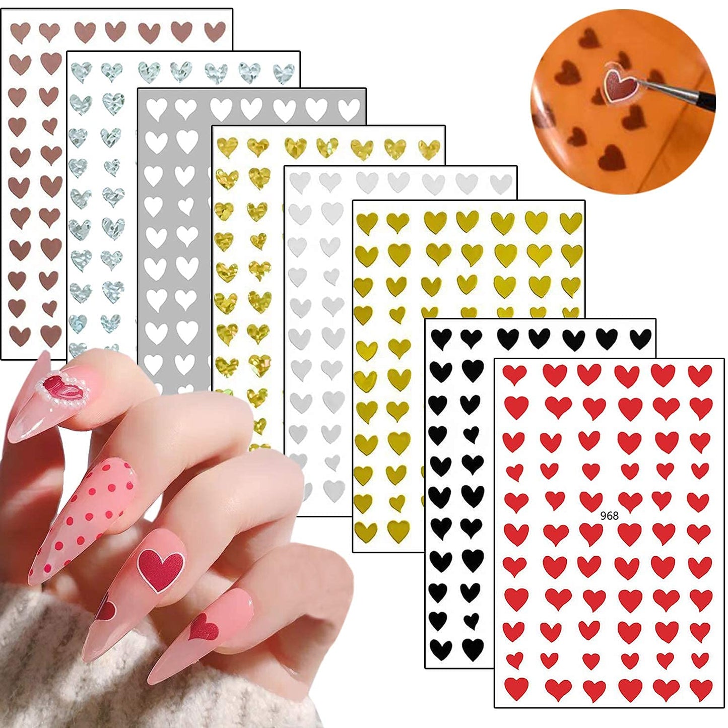8 Sheets Valentine's Day Nail Art Stickers with 8 Sheets Heart Nail Art Stickers