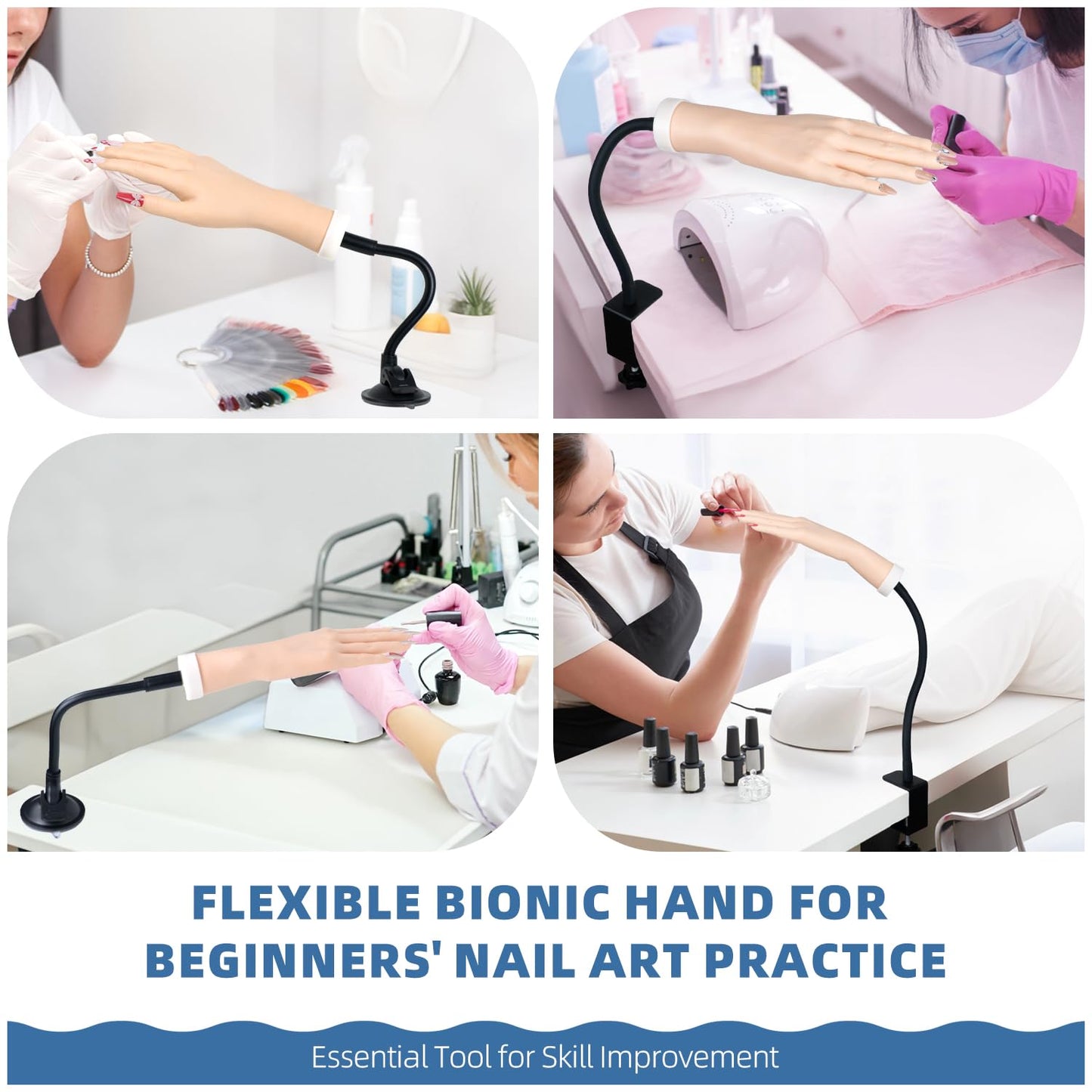 Practice Hand for Acrylic Nails, Flexible Bendable Fake Hand with Adjustable Stand, Nail Training Kit Mannequin Hand for Beginners & Nail Artists (Clamp Stand)