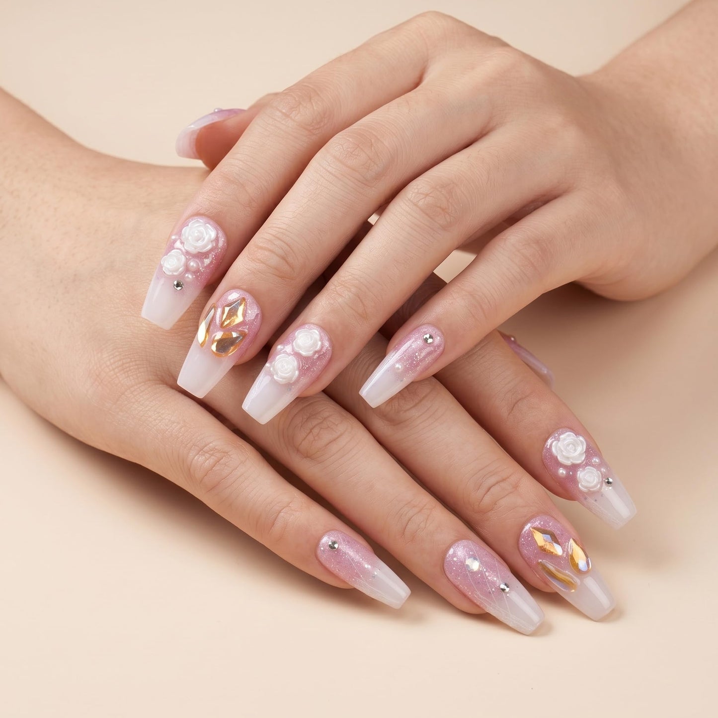 Sun&Beam Nails Handmade Press On Nail Medium Long Coffin Ballerina Purple Flower Fake Tip 3D Design Art Charms Cute with Storage Box 10 Pcs (#004 M)