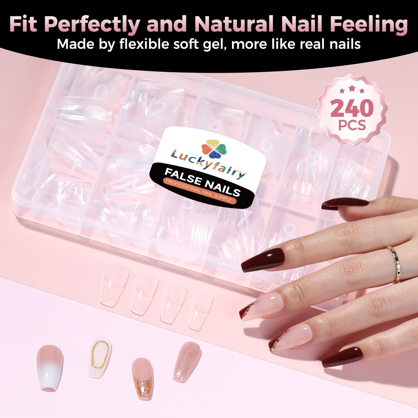 Luckyfairy Medium Gel Coffin Nail Tips, 240pcs Soft Gel Pre-Shaped Acrylic Fake Nails, Half Matte Full Cover Clear Press on Flase Nail Tips for Extension Nail Manicure Home DIY 12 Sizes Gelly Tips