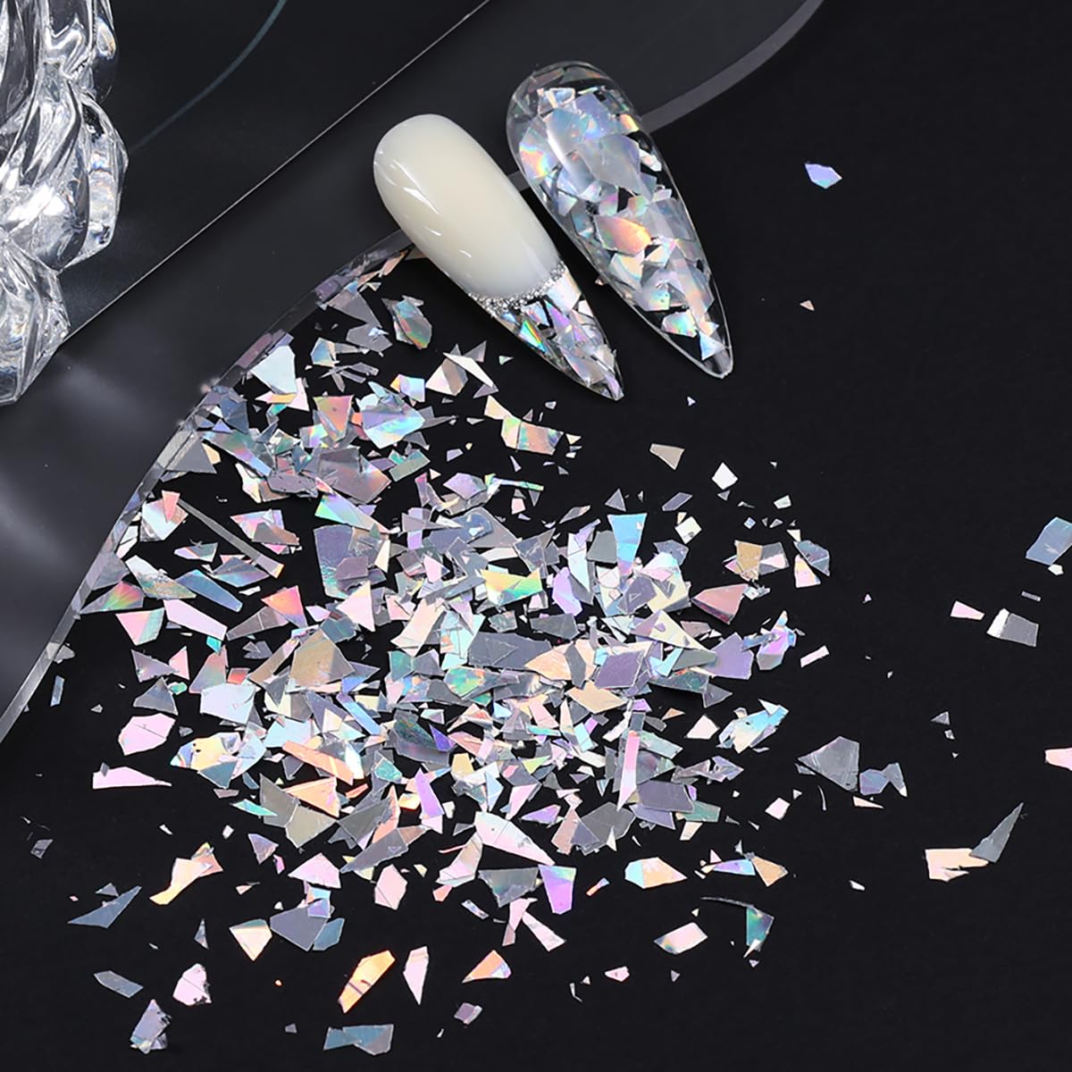 Sparkly Irregular Chunky Glitter Sequin Nail Charms for Nails Design Aurora Laser Silver Glitter for Nails Glitter Flakes Holographic Iridescent Glitter Nail Sequins for Crafts Nail Art Supplies