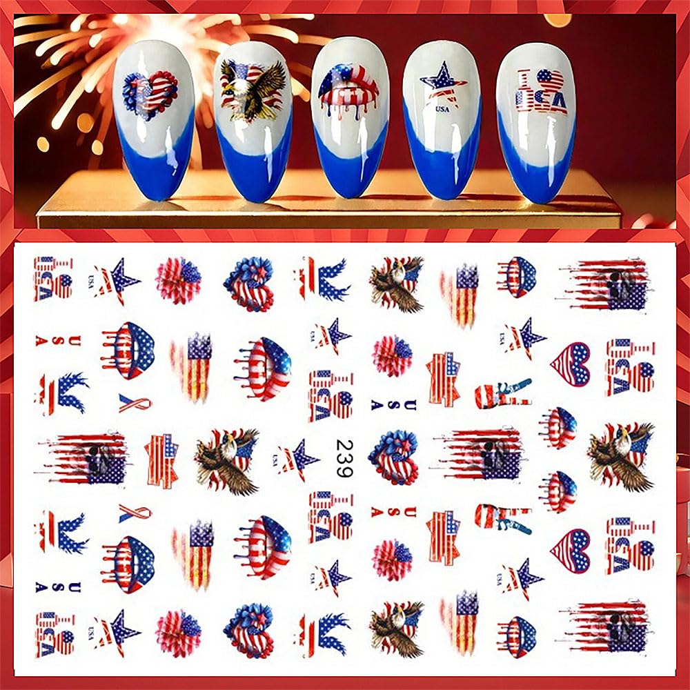 4th of July Nail Art Stickers Red Blue White American Flag Nail Stickers Fireworks Eagle Nail Decals Independence Day Patriotic Nail Art Supplies for Women DIY Manicure Nail Decoration 6Pcs
