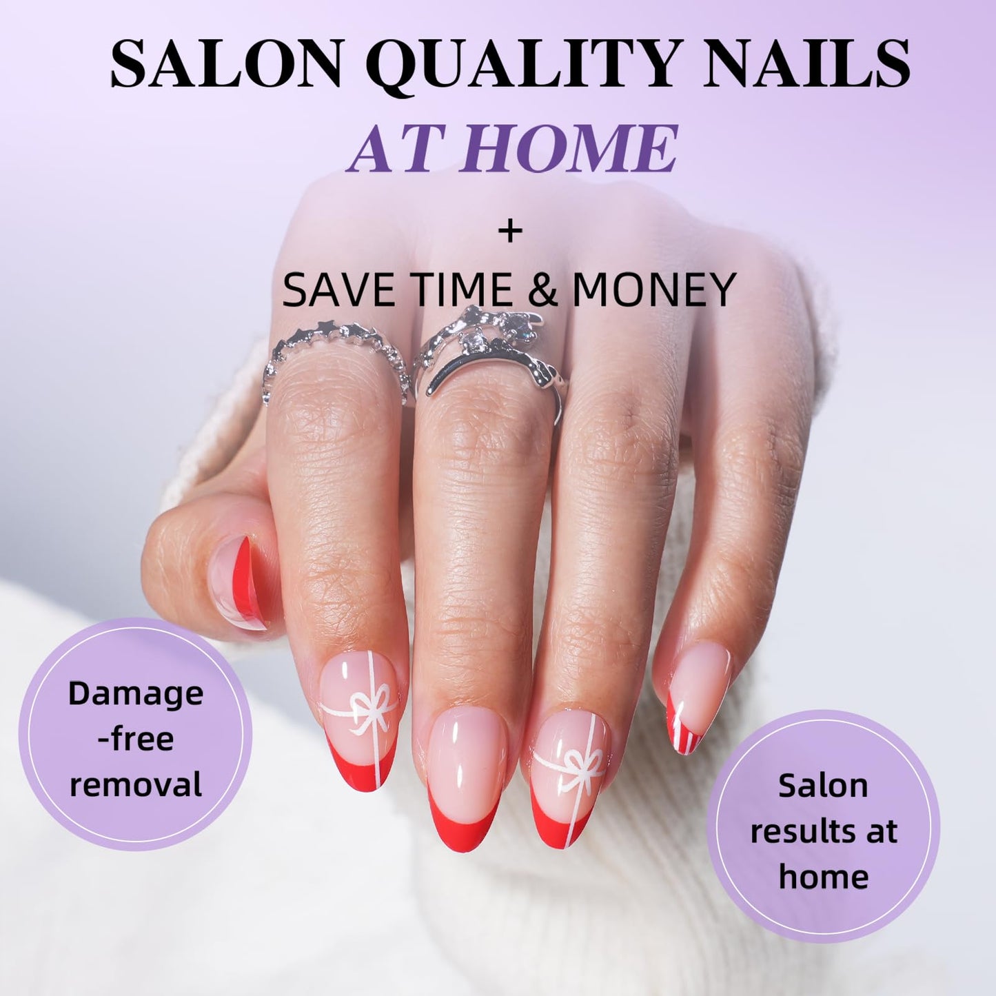 Red French Tip Design Press On Nails, Short Almond Fake Nails with White Line Accent, Reusable Stick On Nails with Glue for Women, 32pcs in 16 Sizes | Salon Quality