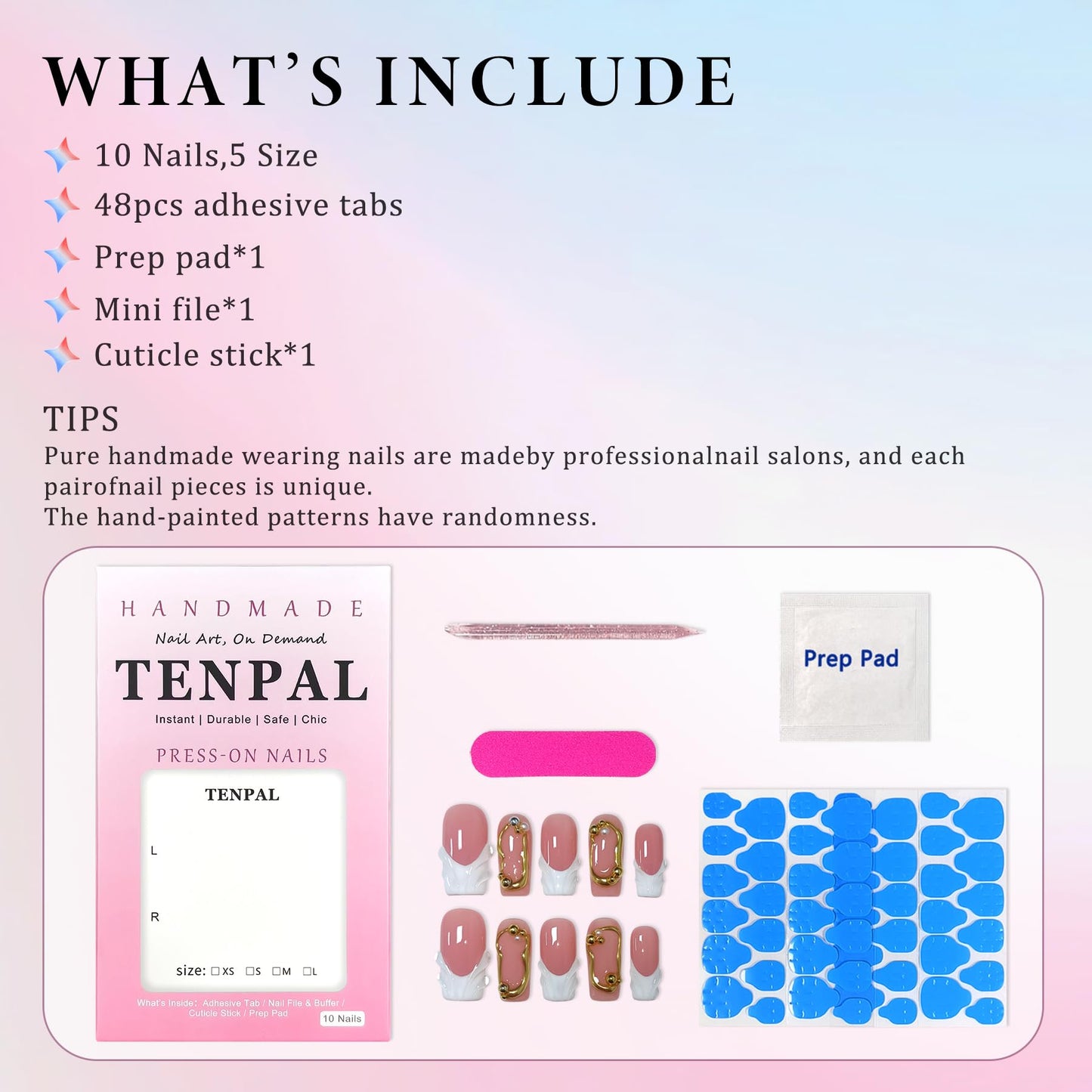 TENPAL Sheer Handmade French Tips Press on Nails Long Square 3D Embossed White Tip Nude Pink Fake Nails for Parties Daily Modern Minimalist Glossy False Nails for Women Gifts 10pcs(S)