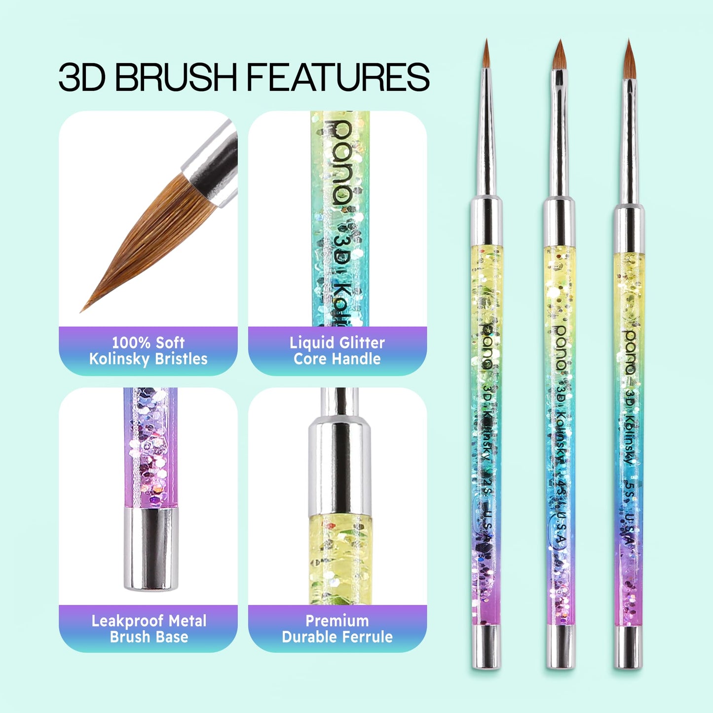 PANA Kolinsky 3D Acrylic Nail Brushes with Liquid Glitter Handle - For Professional Acrylic Powder Liquid Manicure Pedicure (Rainbow Color, Size #4)