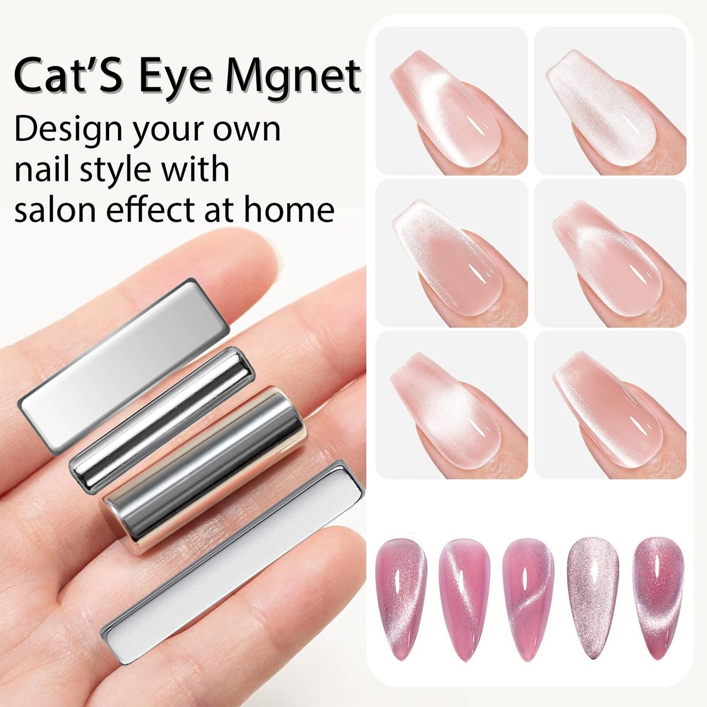 YECIRALA 10 Pcs Cat Eye Magnet For Nails Magnet Tool Set With 1 Pcs Y-Shape Iron Molds, 10 Uniquely Shaped Nail Magnet For Nails Strong Magnetism Cylinder Cat Eye Gel Nail Polish Magnet Sticks Tools