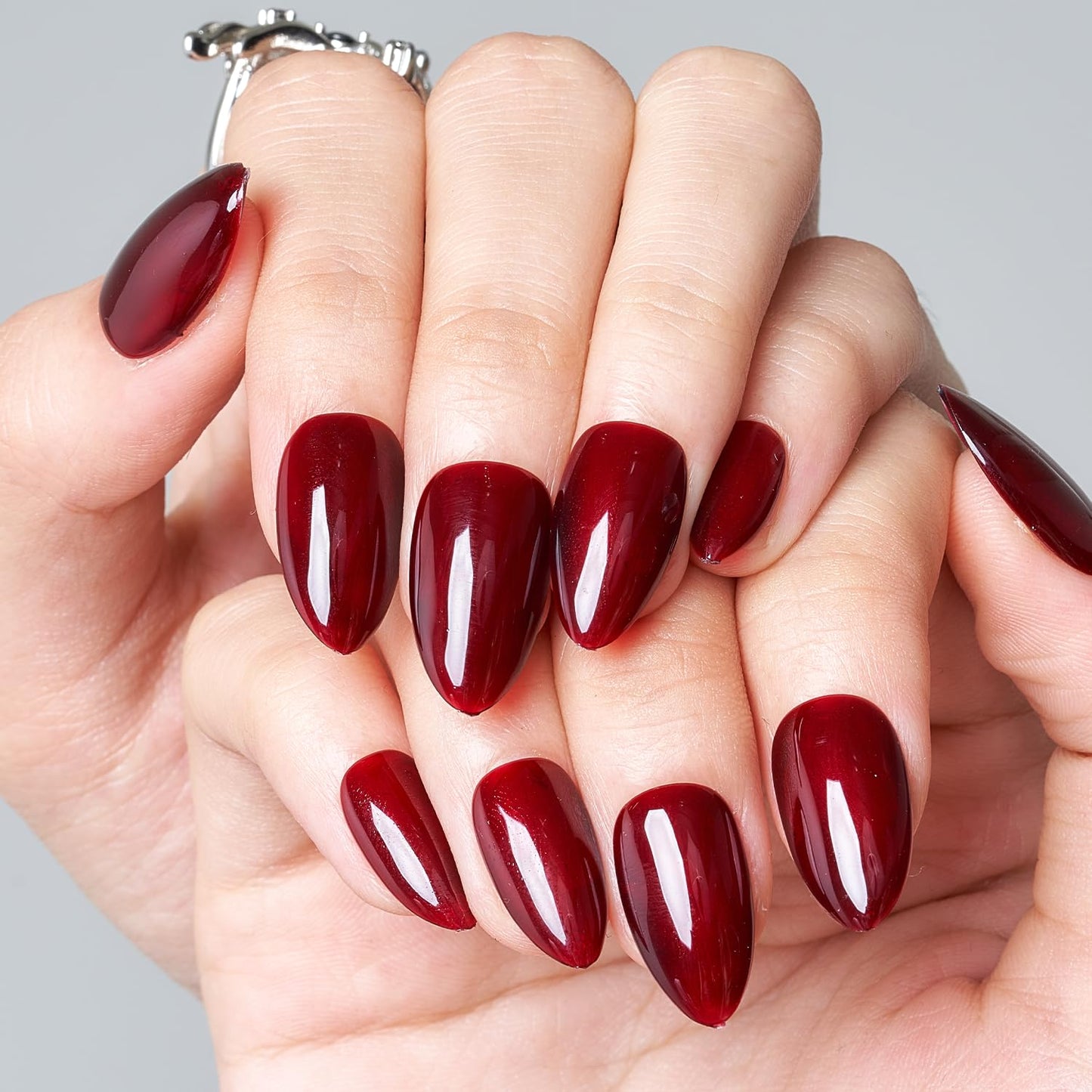 GLAMERMAID Nude Pink Press On Nails Short Almond, Handmade Jelly Soft Gel Nails Round Oval Fake Nails, Soft Jelly Gel Nail Tips Deep Burgundy Round Fake Nails, Natural Deep Red Stick Glue on Nails