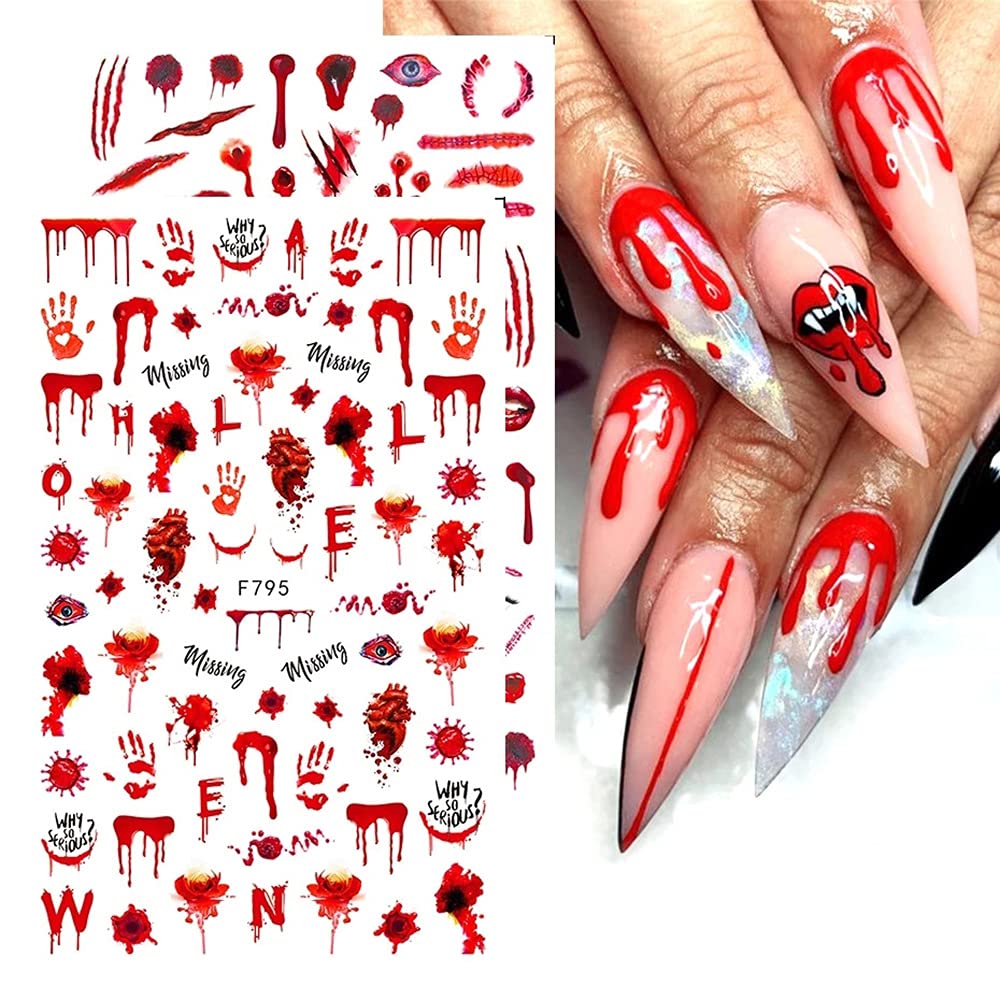 TOFD Blood Nail Art Stickers Halloween Sticker Decals, Self Adhesive 3D Supplies Scar Clown Snake Eye Heart Designs for Women Girls Acrylic Nails, 4 Count (Pack of 1)