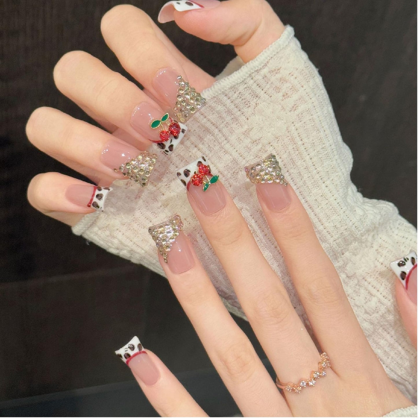 Threelegscat Handmade Cute Pink Medium Duck Press on Nails 10 PCS White French Tips Fake Nails with Cherry Charm & Rhinestone, Reusable Acrylic Size M for Women Daily, Party