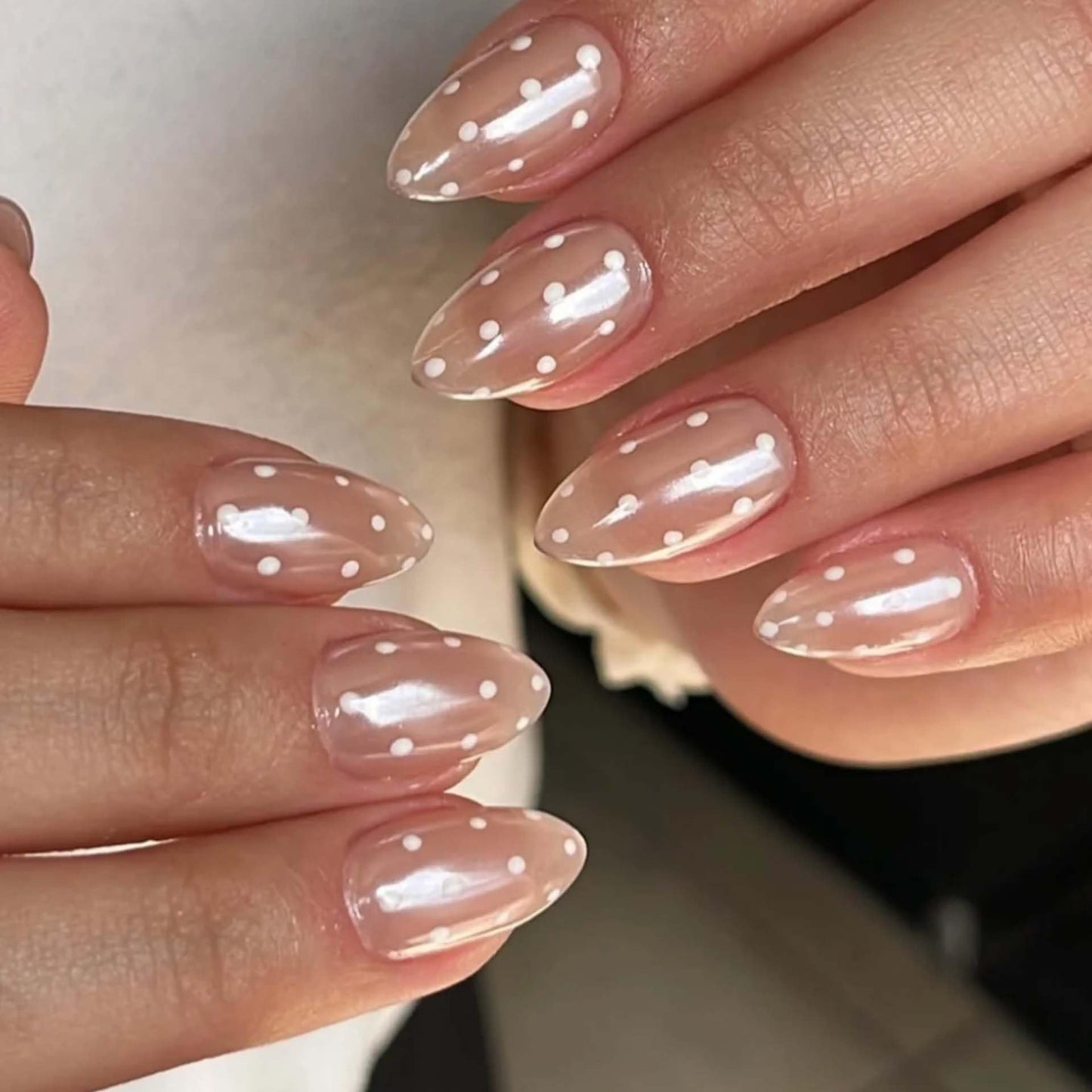 Chrome Polka Dot Press on Nails Short Almond Fake Nails Cute Nude Nails Press ons with White Dots Design,Full Cover Stick on Nails for Women Manicure,Reusable | Artificial | Easy Apply | 24Pcs