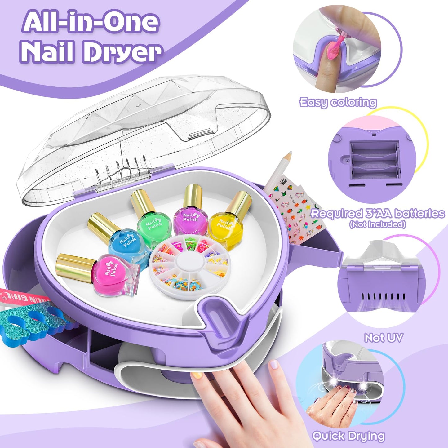 Ylovetoys Kids Nail Polish Set for Girls, Nail Art Kit for Kids Ages 7-12, All-in-One Nail Dryer Salon with Press On False Nails, Non-Toxic Polish, Stickers, DIY Decorative, Gift Toys for Girls