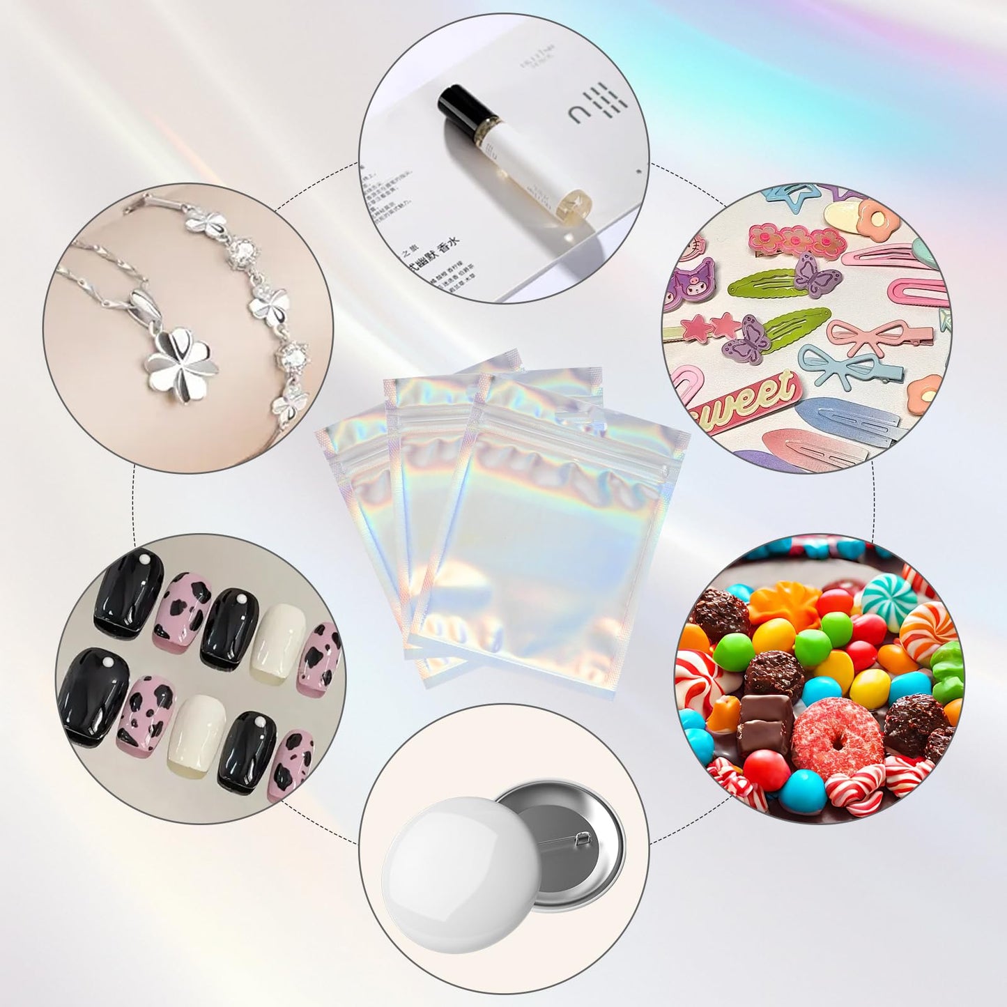 ESUOHYM 50 PCS Nails Packaging Bags with Nail Stand for Fake Nail, Holographic Press On Nail Storage Container Nail Art Kit for Diy Design,Nail Cardboards with 2 Double-sided Adhesive Tape Salon Home