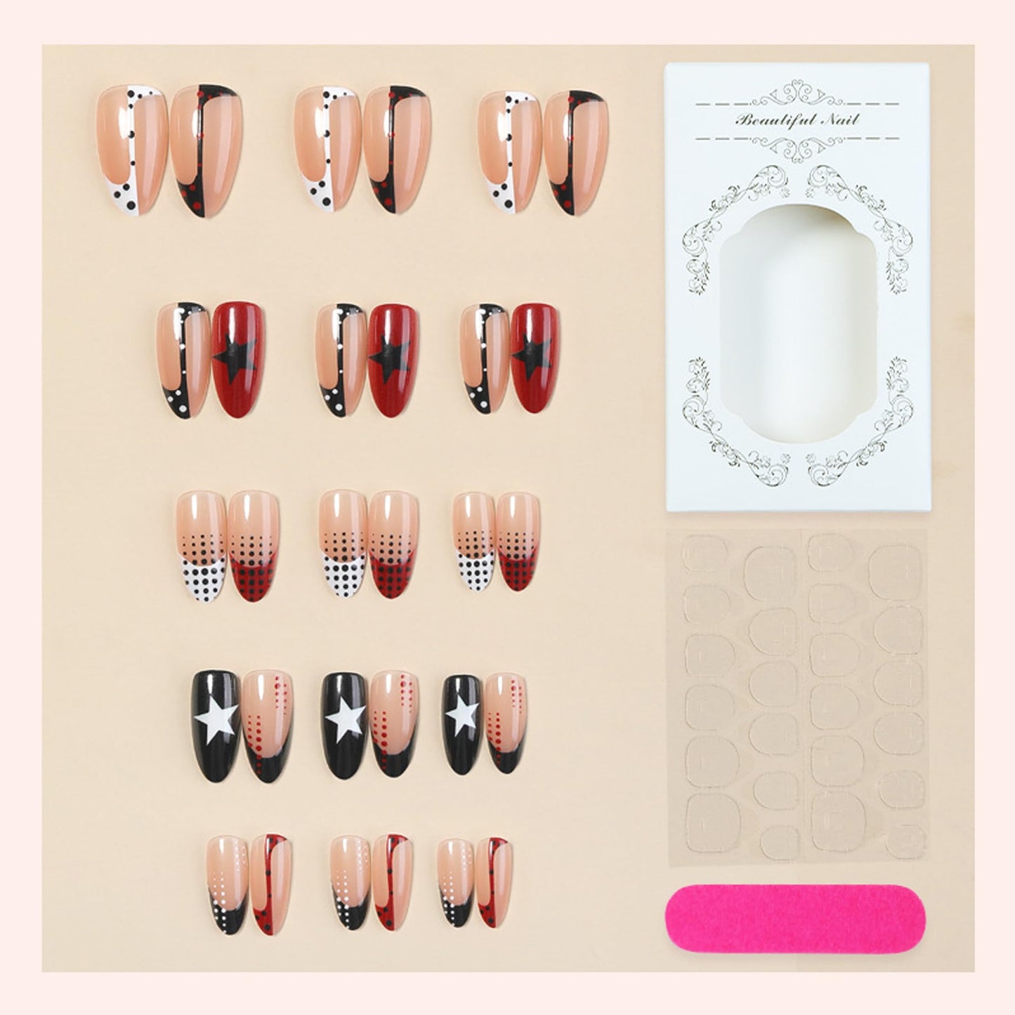 30Pcs Goth Style Press on Nails Medium Almond Fake Nails Red Black with Stars & Polka Dots Glossy Acrylic False Nails Punk Dark French Tip Full Cover Press ons for Women Independence Day Decor