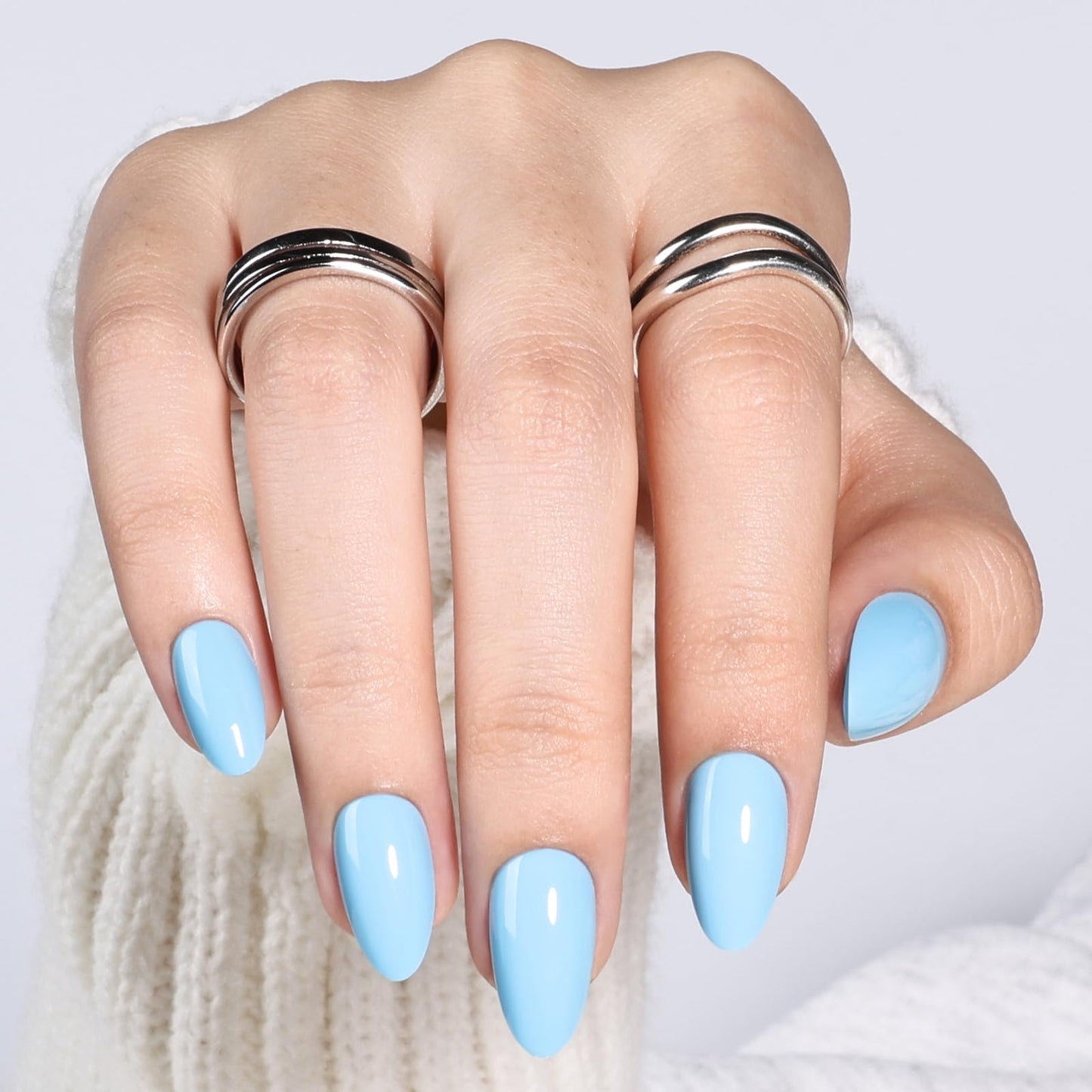 Blue Press On Nails - Short Almond Press On Nails, Light Blue Reusable Fake Nails with Nail Glue for Women, 32 Pieces, 16 Sizes