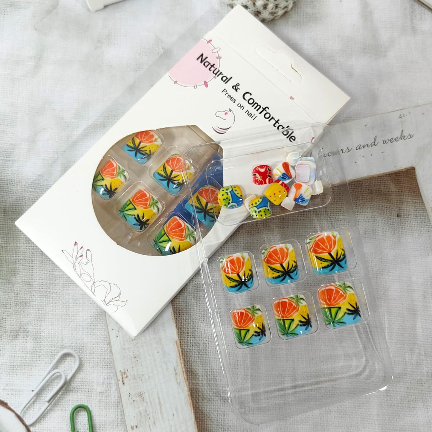 Summer Beach Press on Toenails Short Fake Toe Nails with Orange Coconut Tree Seagull Designs Summer Toenail Press ons Glossy Acrylic False Toenails Reusable Glue on Toe Nails for Women
