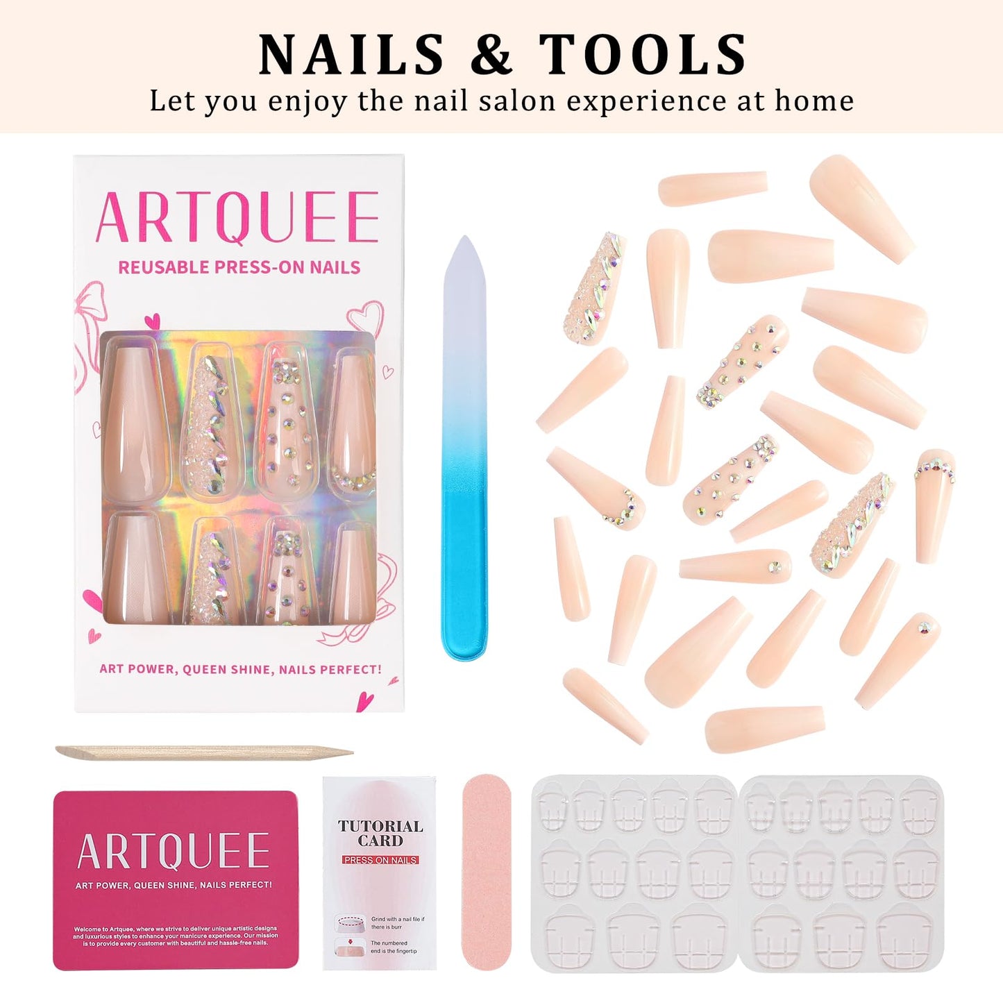 Artquee 2 Sets of Z04 Z19 48pcs French Tip Press on Nails Long Glossy Coffin Fake Nails Nude White Ombre Art with Rhinestones Luxury design False nails Acrylic Stick on False Nails Tips for Women
