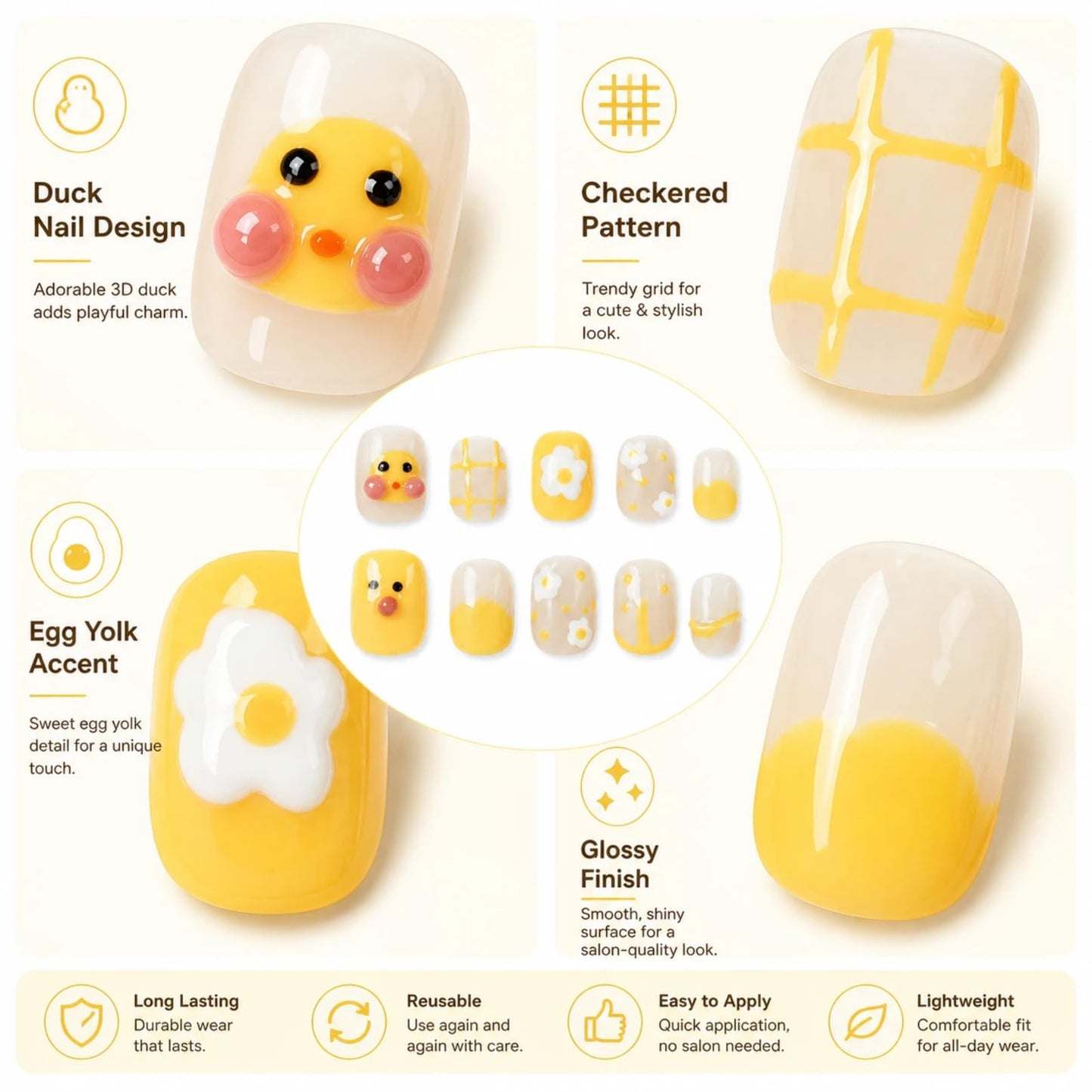 Tesytto Short Round Press on Nails, Kawaii Handmade Cute 3D Yellow Duck & Daisy Flower Cartoon Nails, Glossy False Nail Art for Women Girls (Little Yellow Duck,S)