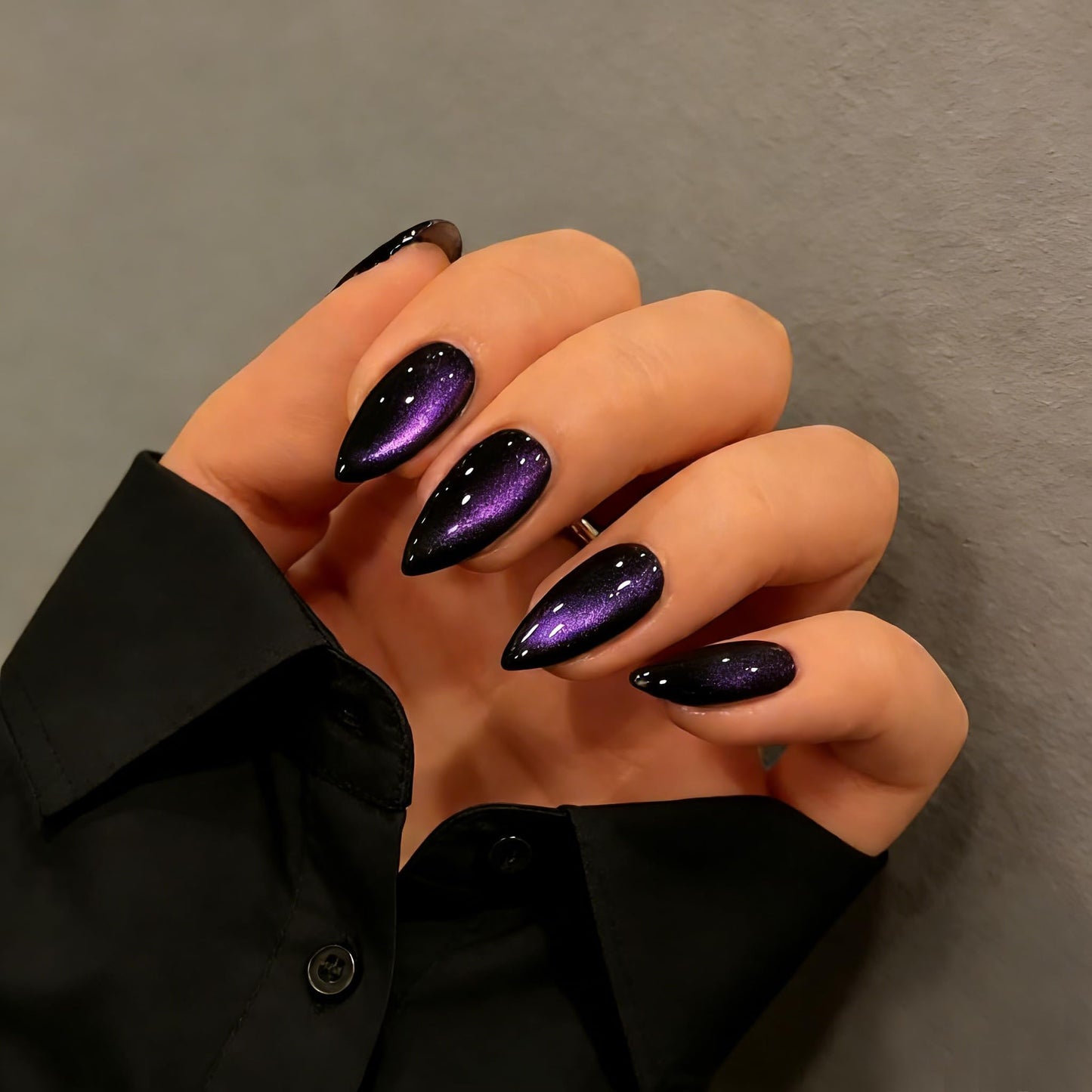KQueenest Cat Eye Press On Nails Almond - Dark Purple Press On Nails Medium Stiletto, 30 Pcs 15 Sizes Glitter Fake Nails Press ons Black, Upgrade Thick Quality, Reusable Glue on Nail for Women Party