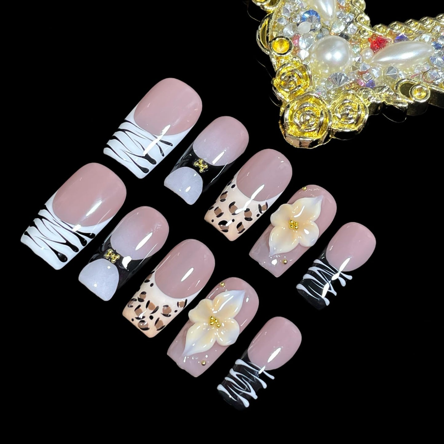 Handmade Press On Nails 3D Floral & Animal Print Medium/Short Square Leopard/Zebra/Yellow Floral Thick Reusable Acrylic False Nails (Prairie, M)