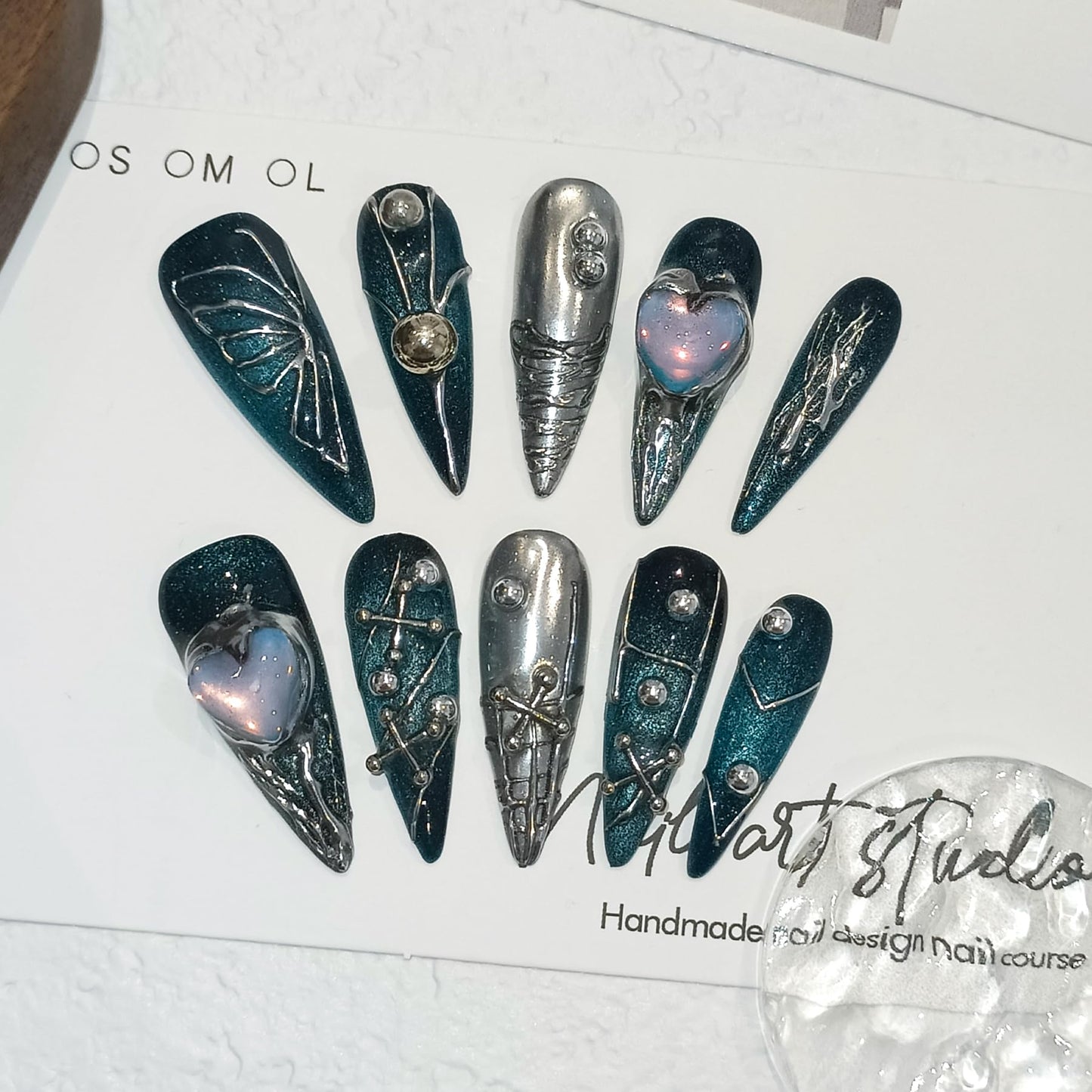 TENPAL Handmade Press on Nails Long Stiletto,Galaxy Ombre Blue-Black Fake Nails with 3D Butterflies Cross Beads Gem Stones,Edgy Y2K Metal Embossed Meteor Glitter Design Salon False Nail Kit 10pcs(L)