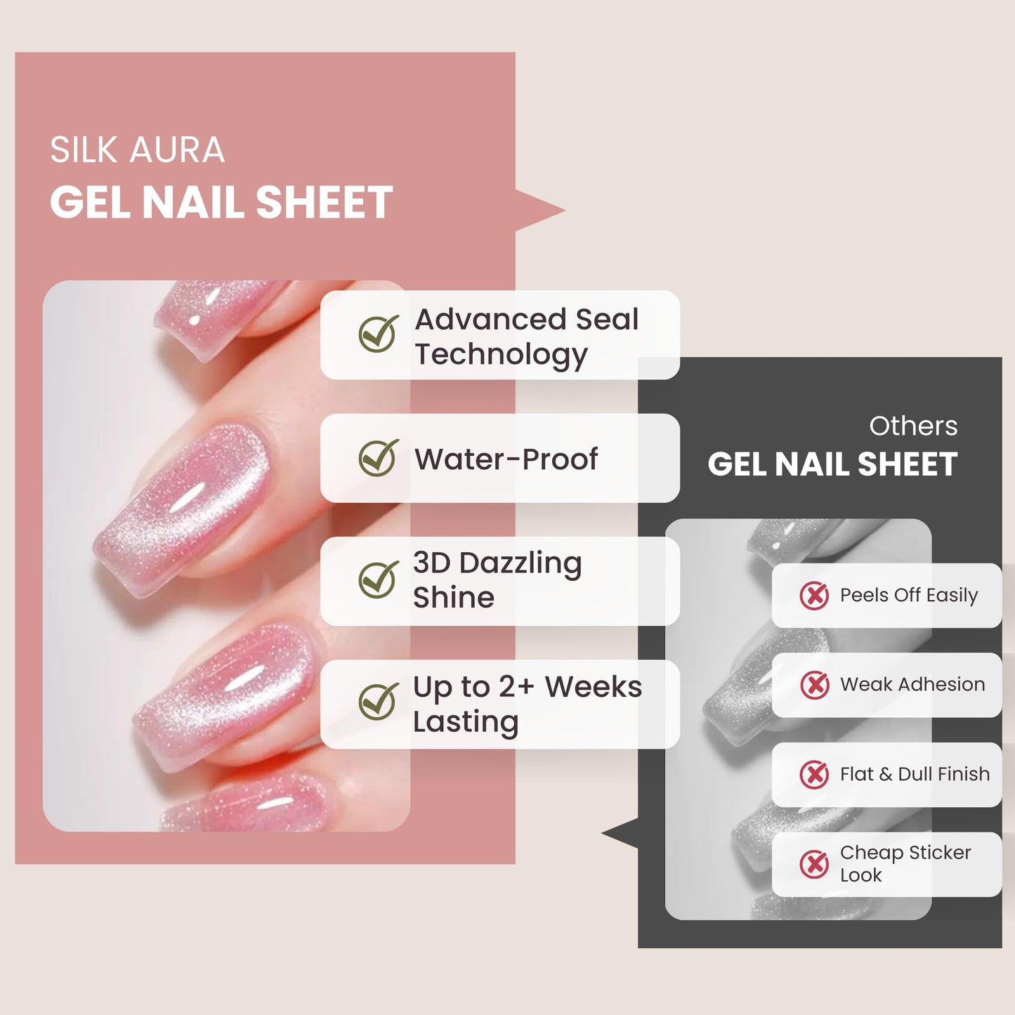 Silk Aura Nail Foils, Self-Adhesive Gel Nail Strips, No UV Needed, Glitter Shiny Pink Nail Stickers, Waterproof, Long-Lasting, Natural Manicure Design for Fingers & Toenails