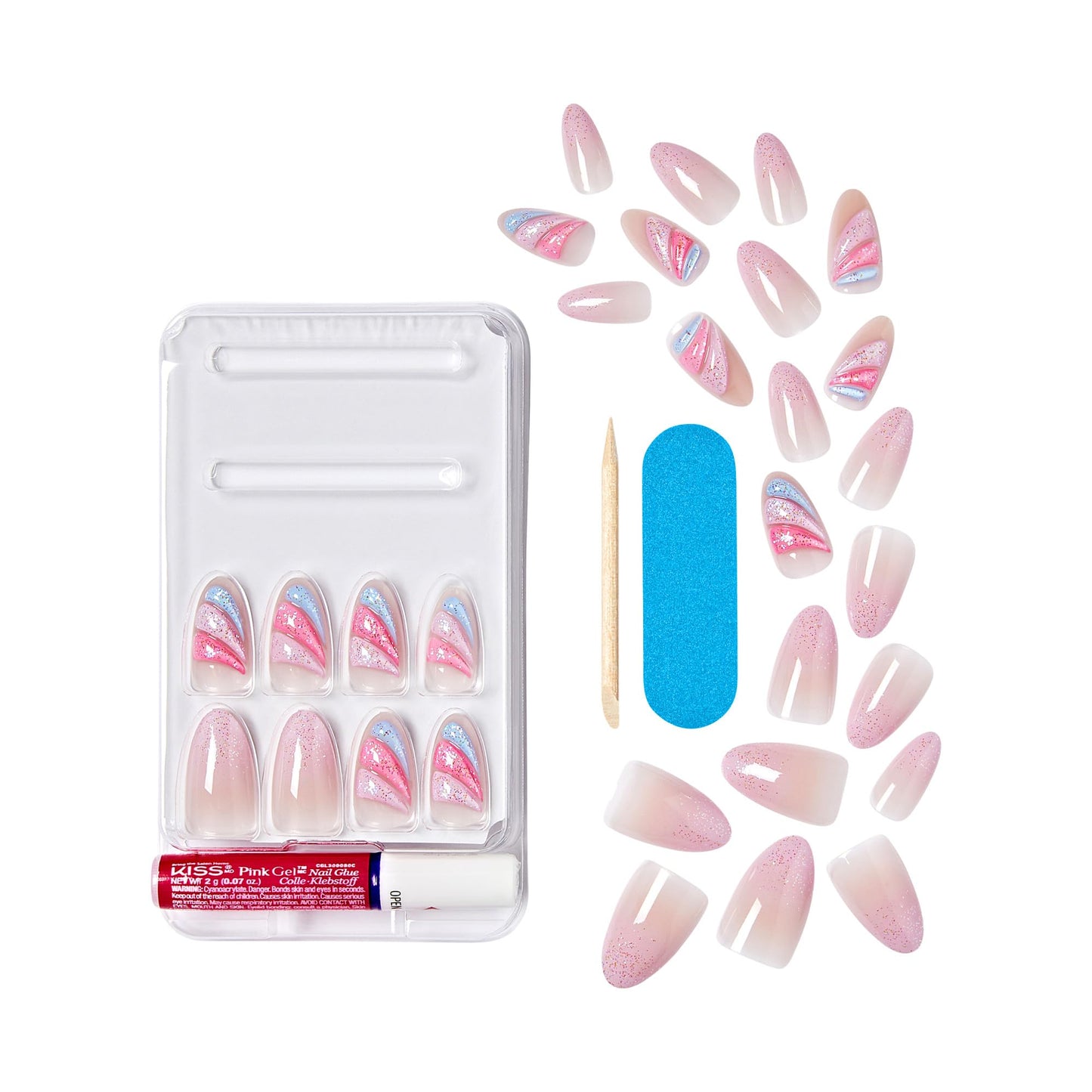KISS Gel Fantasy Allure Press On Nails, Ready to Wear, 3D Design, Waterproof, Pink Gel Nail Glue 0.07 Oz. (2g), Manicure Stick & Mini File, 28 Count