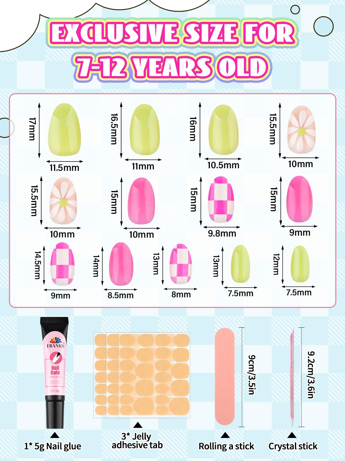72 Pieces Press on Nails Grils, EBANKU Kids Fake Nails with Glue Kit Full Cover Short Acrylic Nails Art Decoration for Girls 8-12
