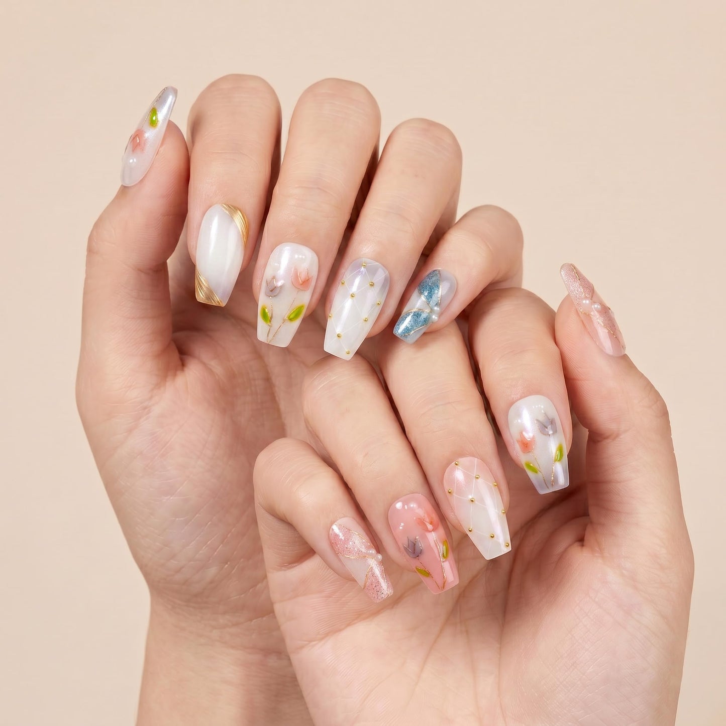 Sun&Beam Nails Handmade Press-On Nails Medium Ballerina Milky White Soft Pink Floral Gold Line Pearl Accents Subtle Shimmer False Nails 10 Pieces (#056 M)