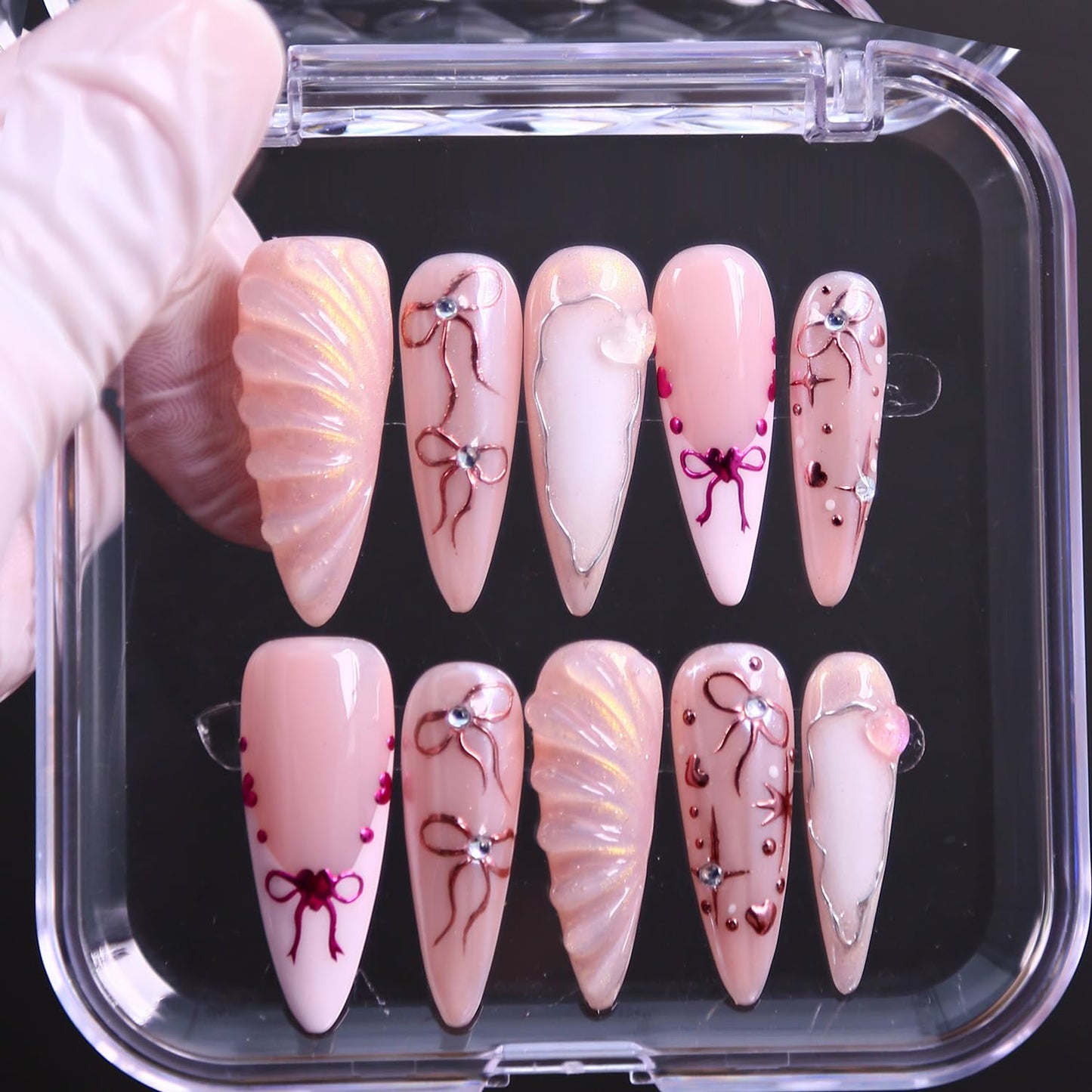 MXYIYANR Press on Nails stiletto Fake Nails Long French stick ons False Nails with 3D Flower False Fingernails Full Cover Stick ons for Women Manicure 10 Pcs (size L)