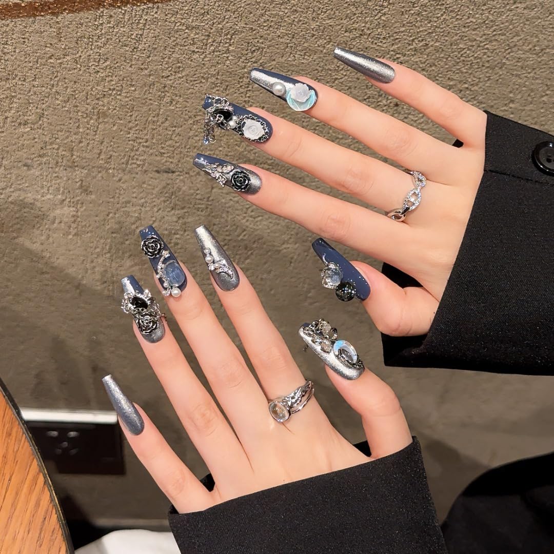 Handmade Press on Nails Blue Square Style with Luxury Moon Flower Pearl and Heart Gem Decor Acrylic Nails Press on Handmade Nails Punk Press On Nails(L)