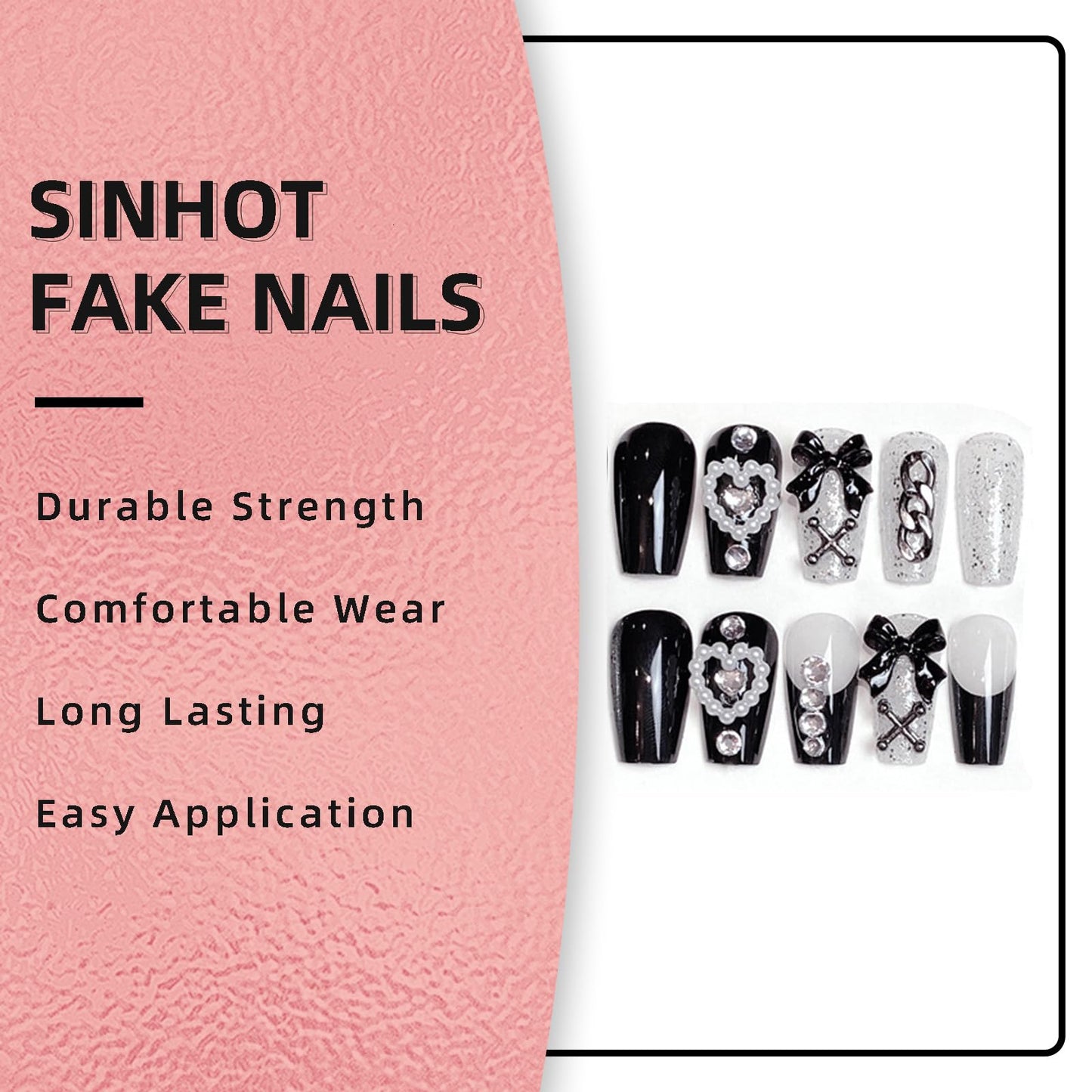 SINHOT Square Press on Nails - Medium Fake Nails, Glossy Finish, 3D Goth Black Cartoon & Pearl Hearts, DIY Artificial False Nail Art - 24 Pcs Nail Kit with Glue