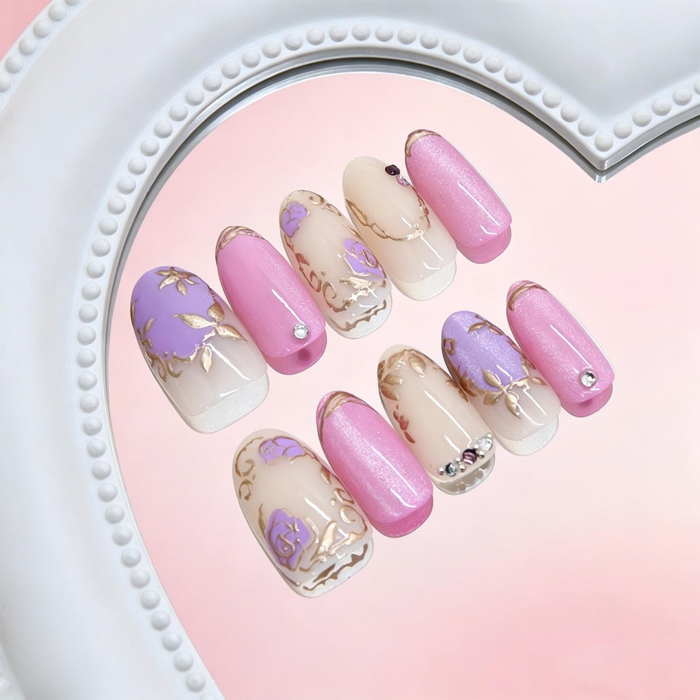 3D Gold Leaf Press on Nails Glossy Purple Rose Flower Medium Almond Fake Nail Floral False Nails with Summer Design Sparkly Stick on Nail Rhinestone Glue on Artificial Fingernails for Women Wear