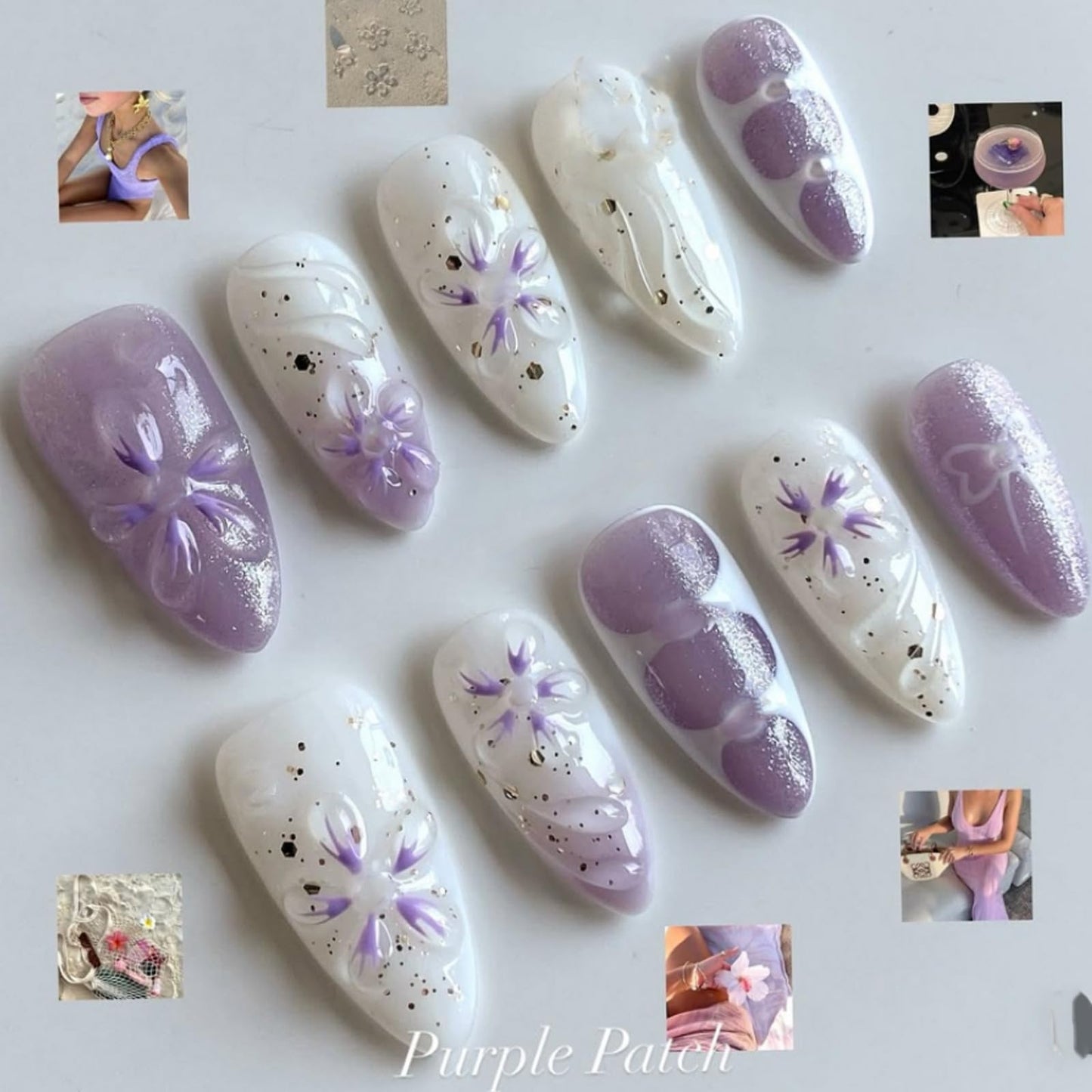 Almond Press on Nails Medium SWEKKE 3D Fake Nails Purple False Nails with Floral Bow Pearls Designs Summer Glossy Glue on Nail Stick on Nail for Women Girls 30Pcs