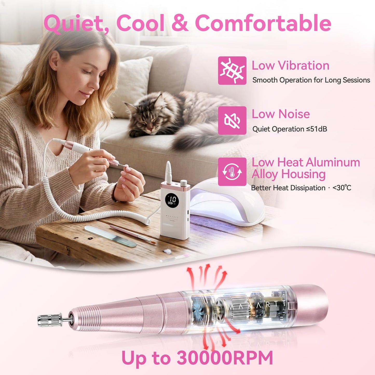Makartt Cordless Nail Drill 30000RPM - Rechargeable Electric Nail File for Beginners & Pros Ready, Quiet 8H Efile Kit for Acrylic & Gel Removal, 48W Carbon Motor with LCD, Home & Beauty School, White
