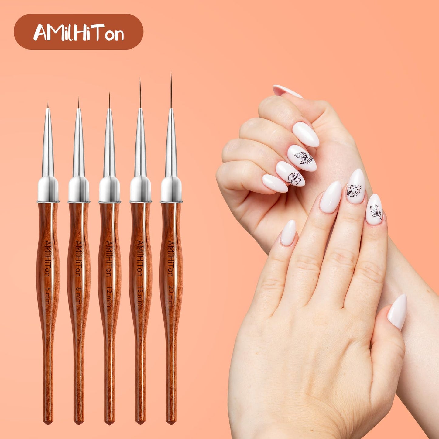 AMilHiTon 5PCS Nail Art Liner Brushes for Fine Drawing & Detailed Nail Art, 3PCS Nail Polish Remover Brush for Tidying Up Polish Mishaps on Cuticles(Green)
