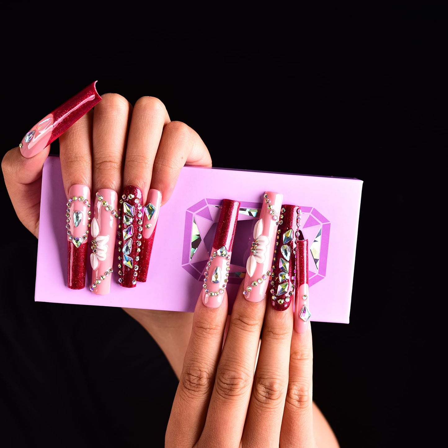 Tmani 10pc/set Extra Long Handmade Press On Nail Hot Girl's Long Ballet Nails Square Nail Full of Diamond Glitter Decoration Fake Nails Suitable For Girls Festival Parties and Birthday Gift (241,L)