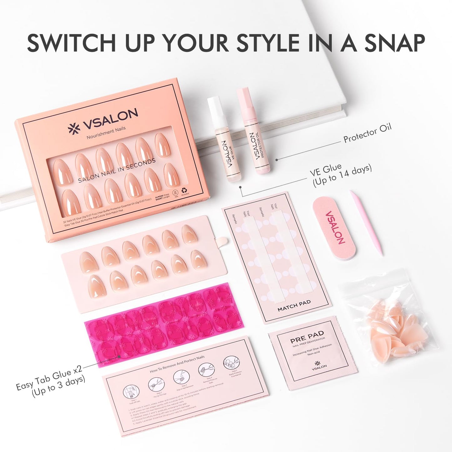 VSALON Short Almond Press on Nails - Chrome Nude Ombre Fake Nails Kit for Women - Reusable Opaque Glazed Salon Quality Glue on Nails Spring Summer Nails 32 PCS in 16 Sizes