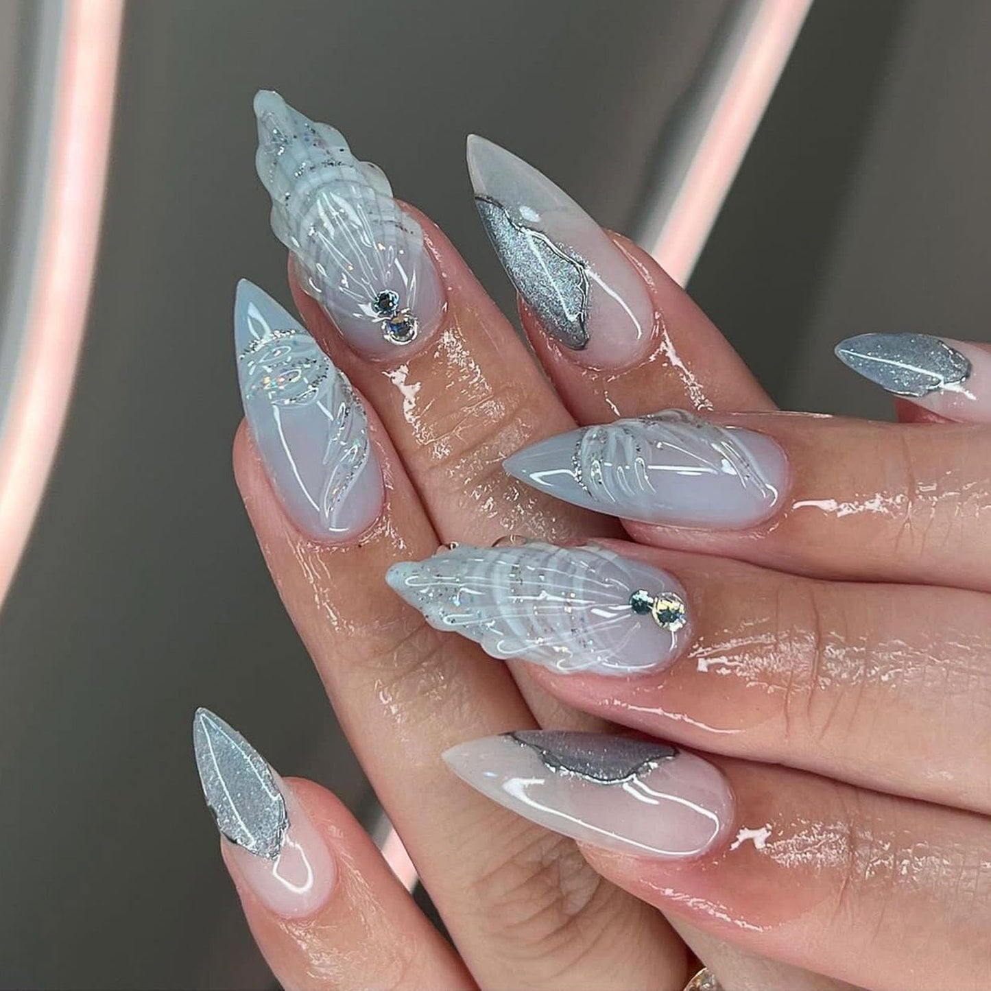 Press on Nails Medium Size Almond Color Acrylic False Nails 3D Mermaid Tail Blue False Nails with Glitter Rhinestones Design Stiletto Nails Press-On Gloss Full Coverage Stick-On Nails Women Gift LL02