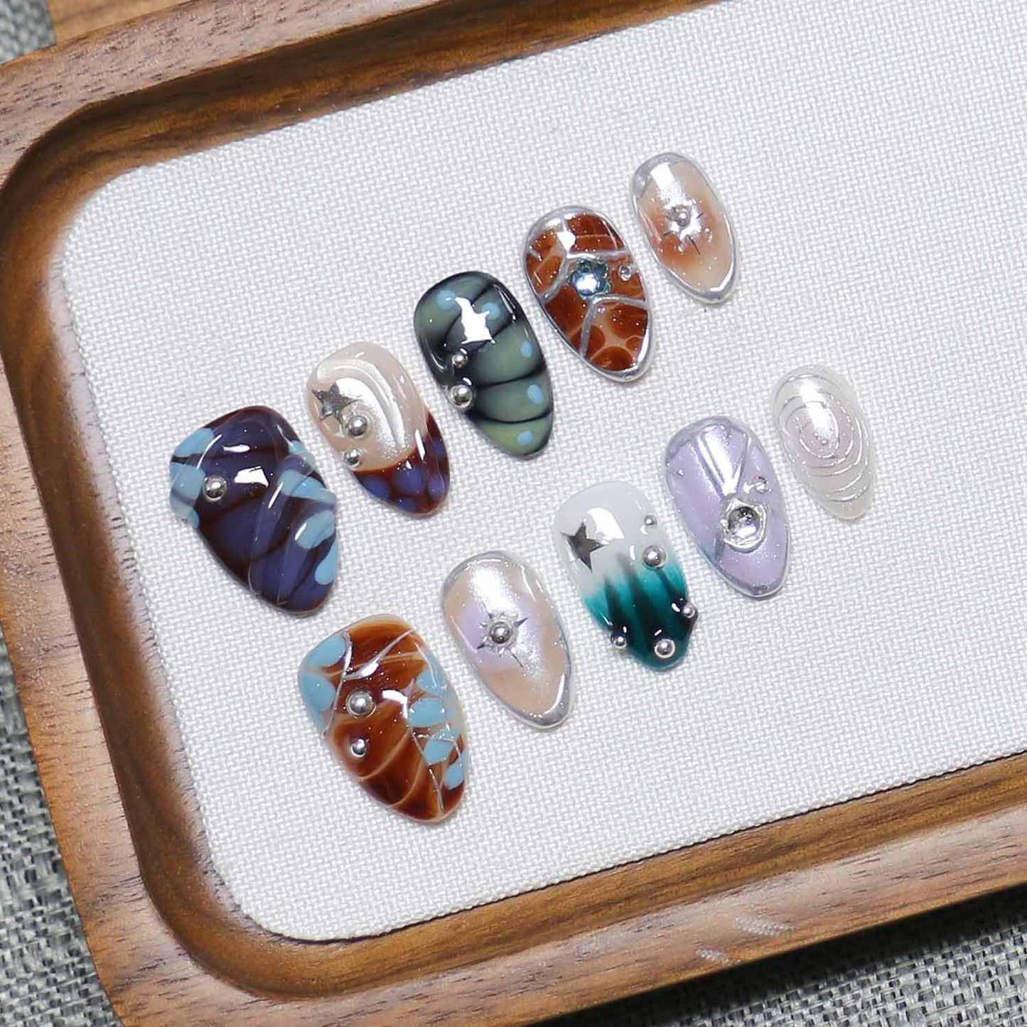 10 Short Almond Handmade Press On Nails | 3D Floral Dopamine Sweet & Edgy Design with Snake Pattern, Marbling & Silver Gilding | Skip Salon Trips, Easy to Apply & Remove, Reusable (251112, XS)