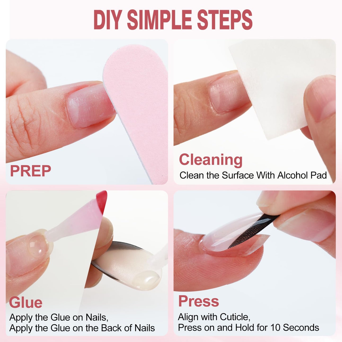 Rnker Press On Nails - Transparent Color, Almond Pink Top gel Nails with Bright Finish, 15 Sizes - 30 Nail Kit with Glue
